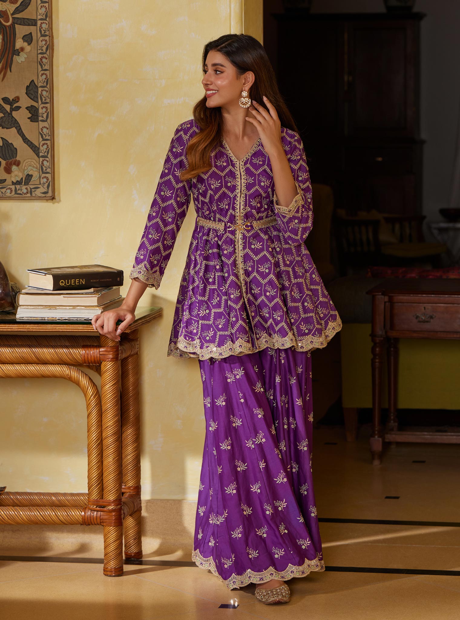 Mulmul Pima Bisini Purple Top With Mulmul Bisini Purple Sharara