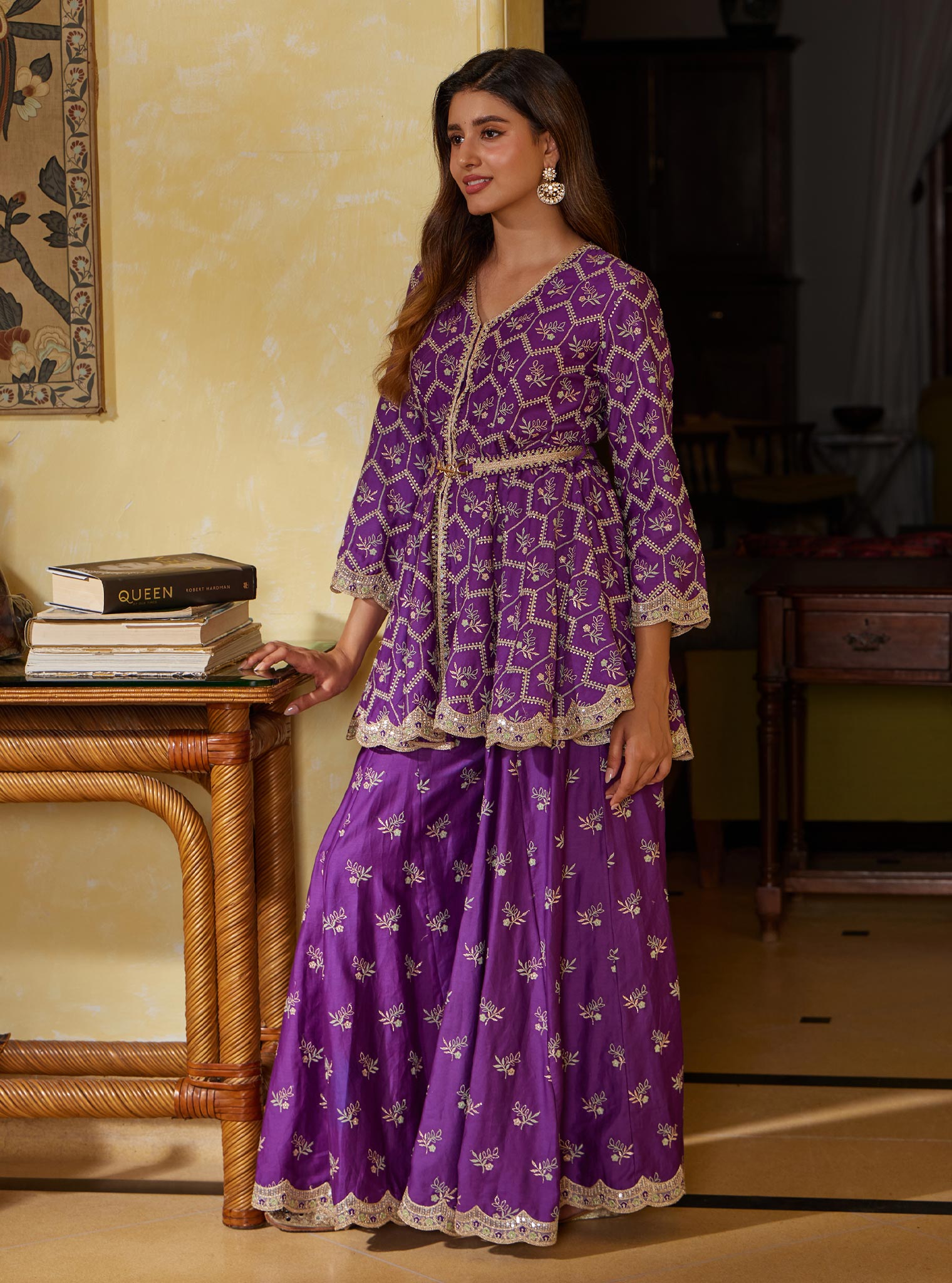 Mulmul Pima Bisini Purple Top With Mulmul Bisini Purple Sharara