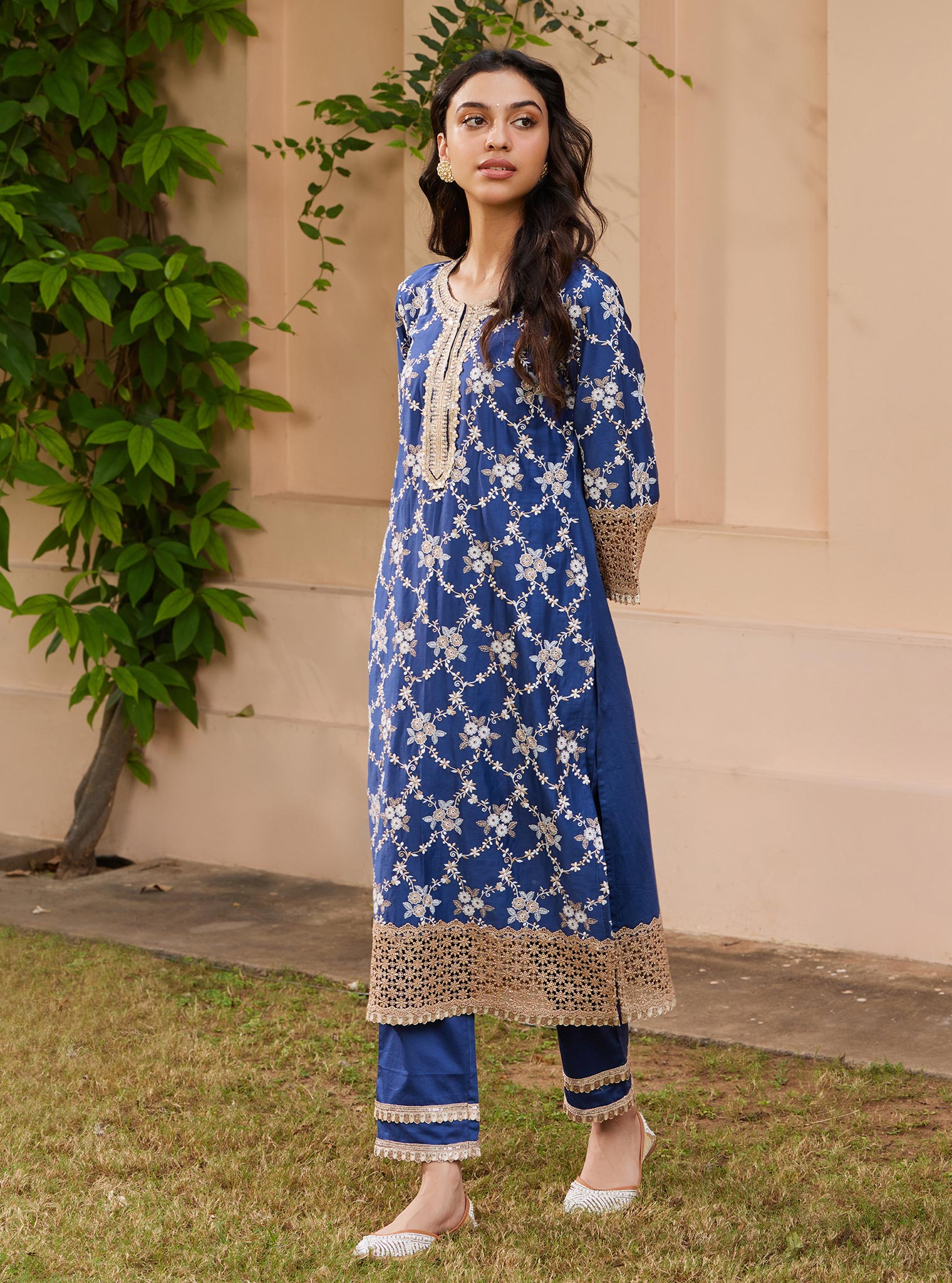 Mulmul Pima Agasti Navy Kurta with Mulmul Pima Agasti Navy Pant