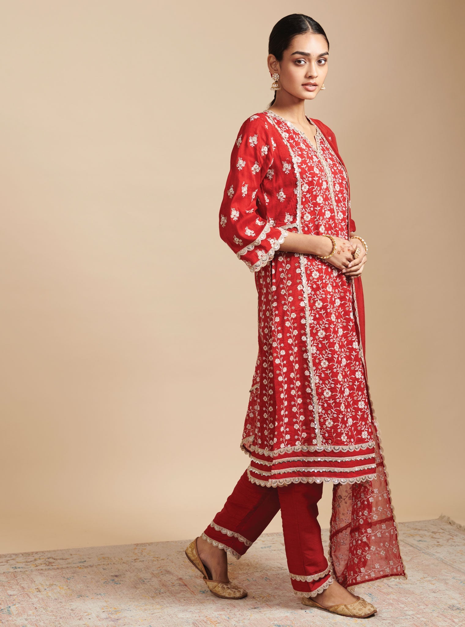 Mulmul Silk Kaashni Red Kurta With Mulmul Silk Kaashni Red Pant