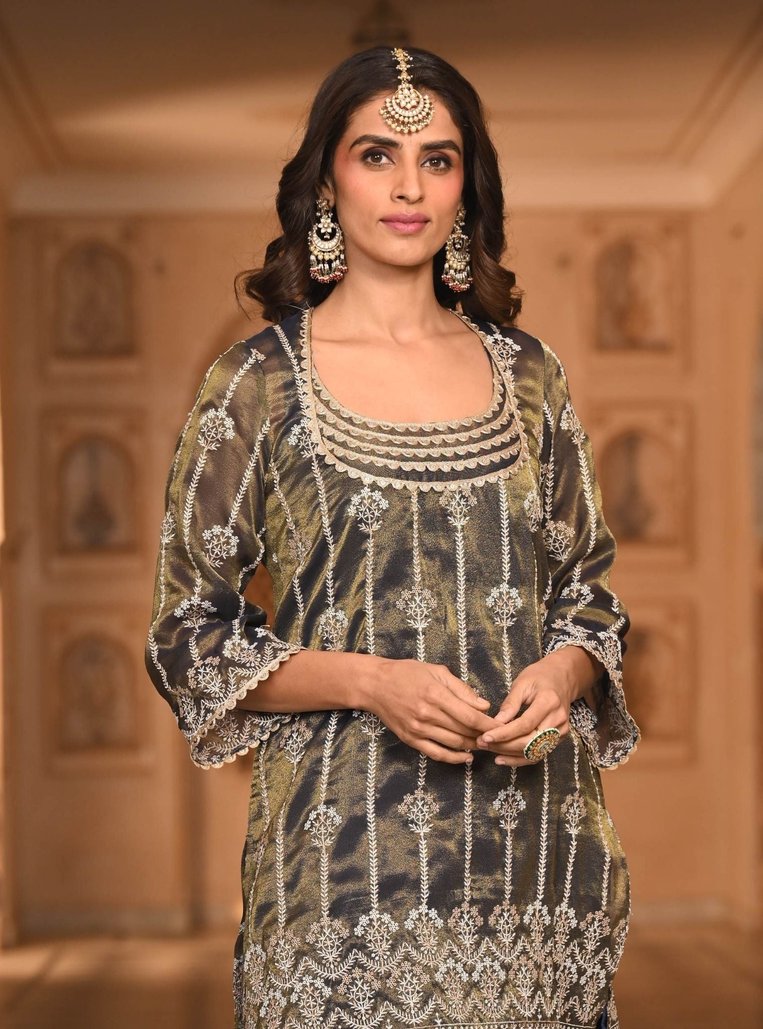 Mulmul Luxe Tissue Heer Navy Kurta with Mulmul Organza Satin Heer Navy Garara