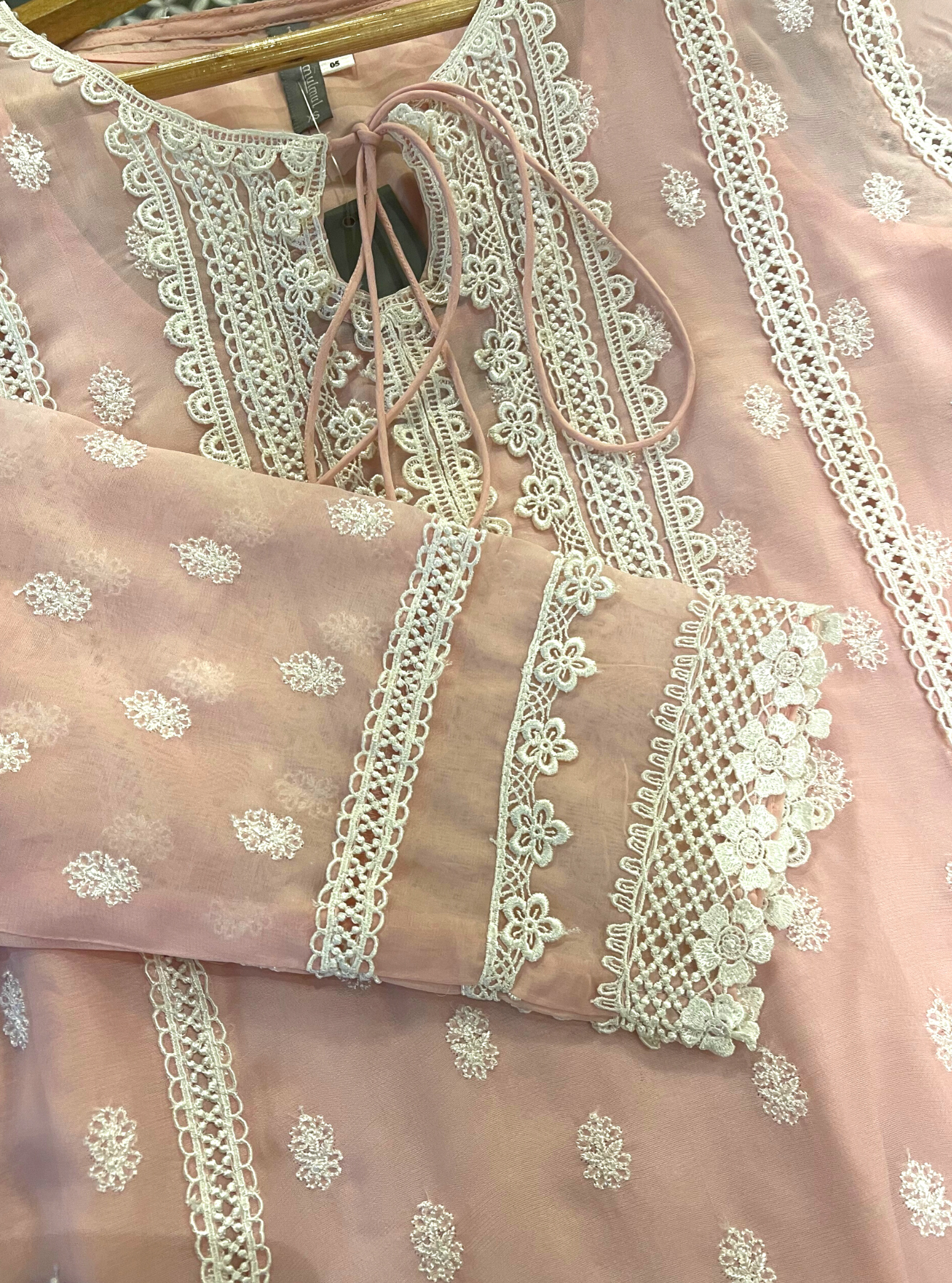 Mulmul Organza Jankia Beige Kurta With Mulmul Cotton Jankia Beige pant