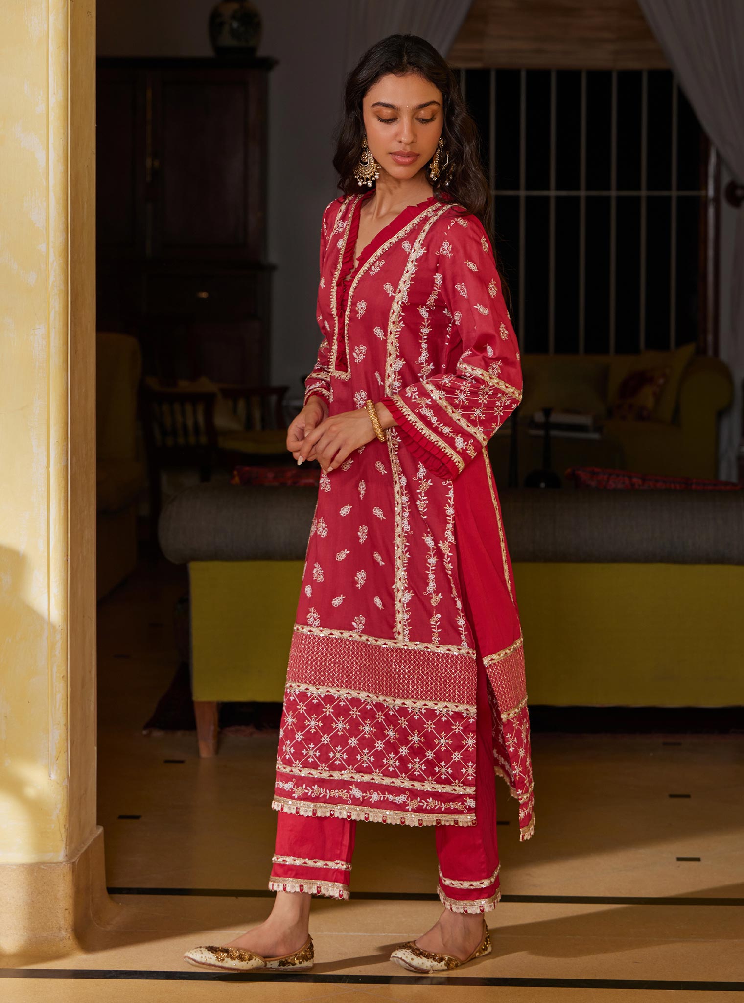 Mulmul Pima Anvesa Red Kurta with Mulmul Pima Anvesa Red Pant