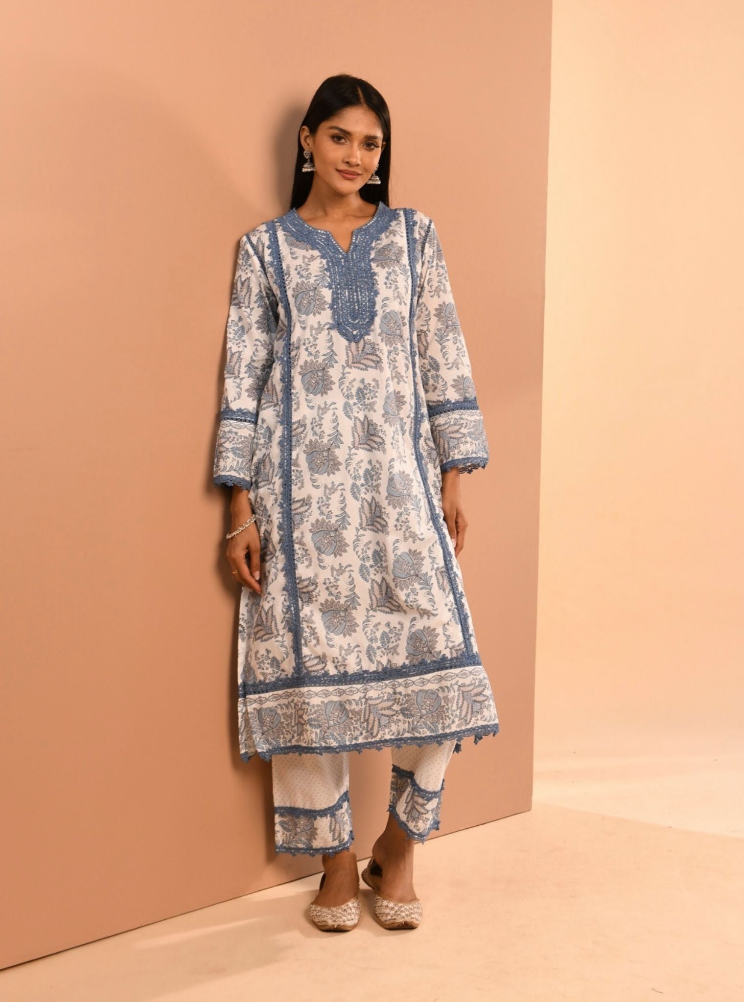 Mulmul Cotton Esti Blue Kurta With Mulmul Esti Blue Pant