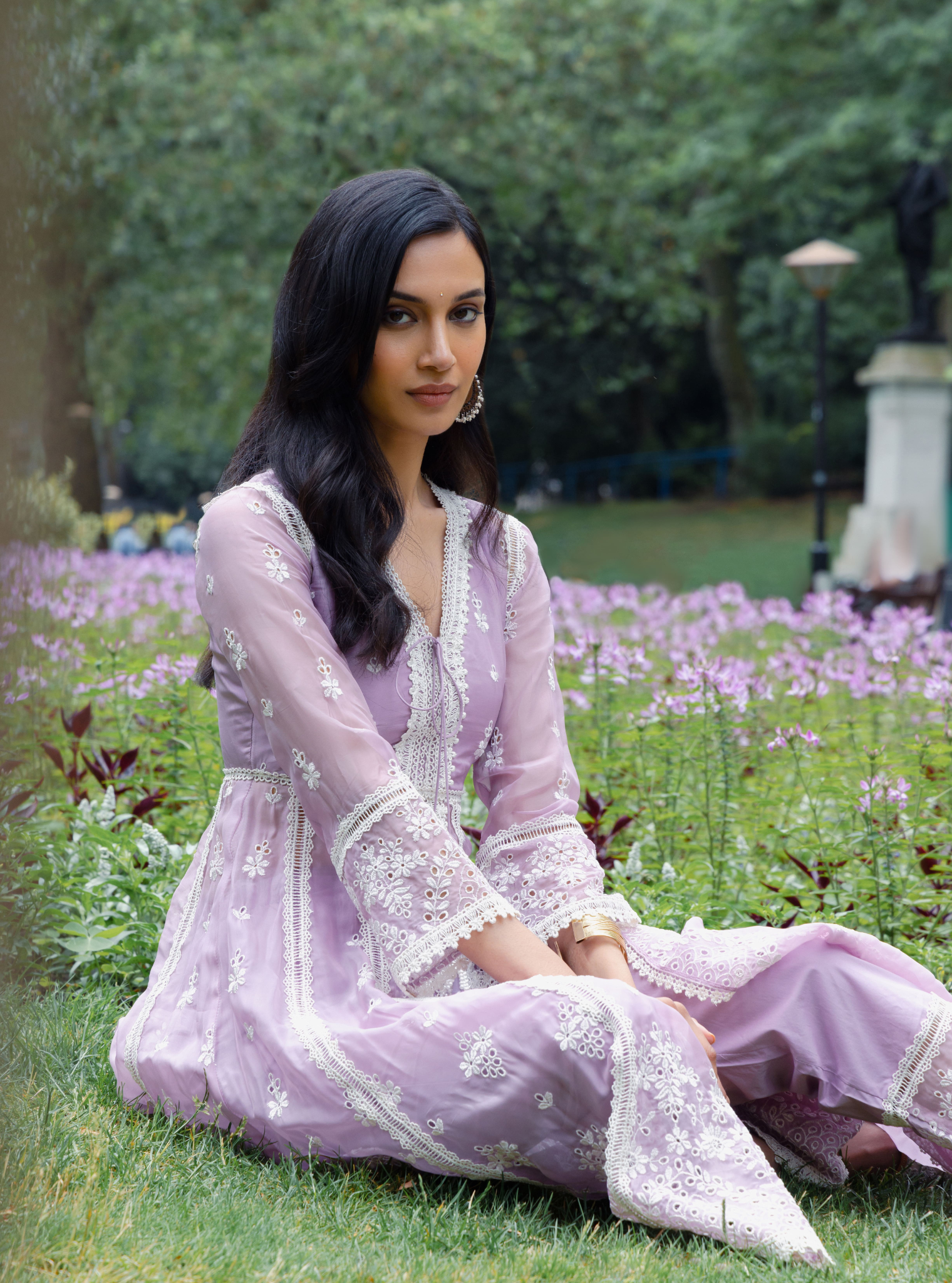 Mulmul Organza Sheffield Lilac Anarkali Kurta With Cotton Sheffield Lilac Pant