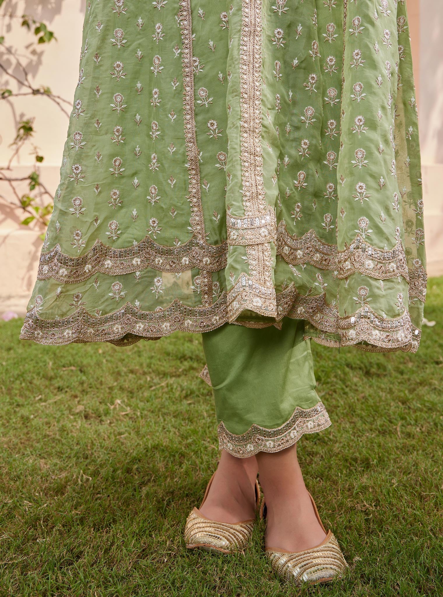 Mulmul Organza Smera Anarkali Green Kurta with Mulmul Pima Smera Green Pant