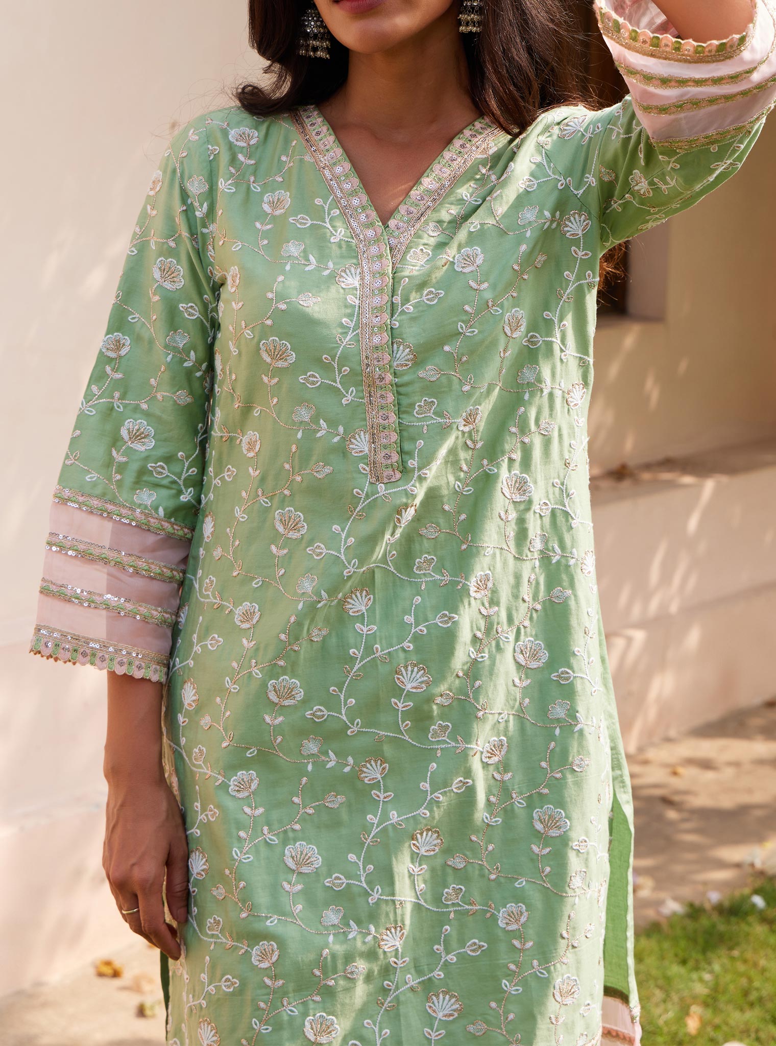 Mulmul Pima Drita Green Kurta with Mulmul Pima Drita Green Pant