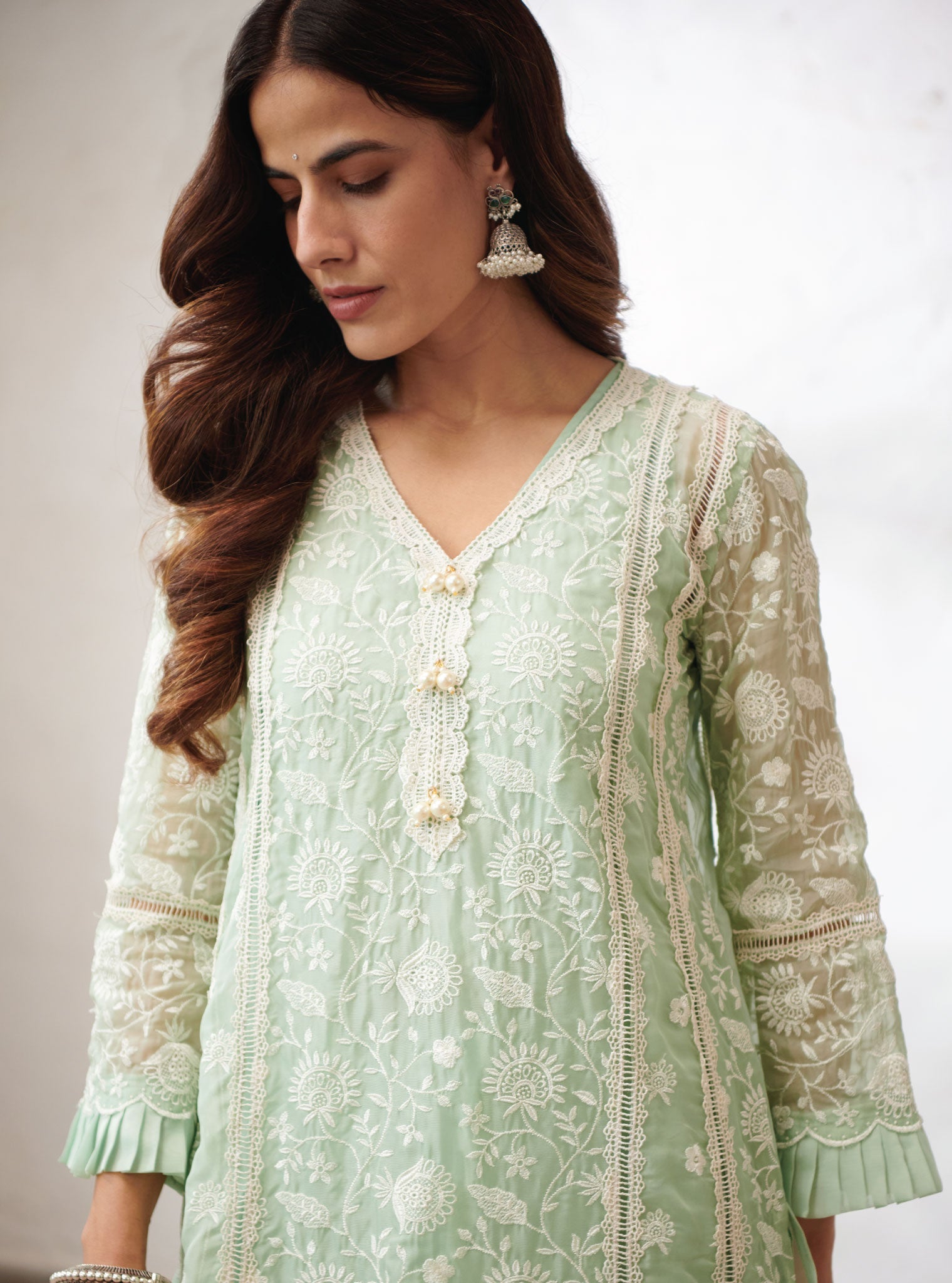 Mulmul Organza Dorset Green Kurta With Cotton Dorset Green Pant