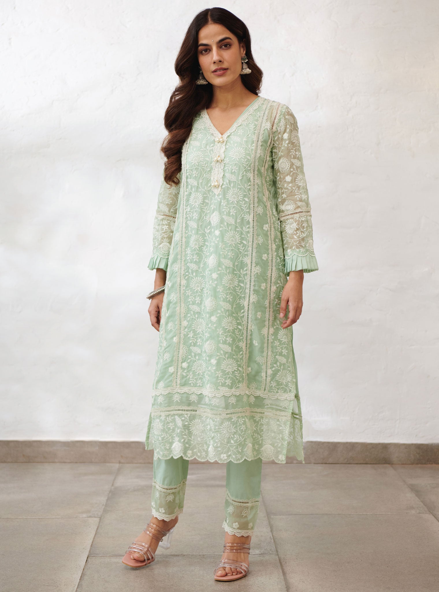 Mulmul Organza Dorset Green Kurta With Cotton Dorset Green Pant