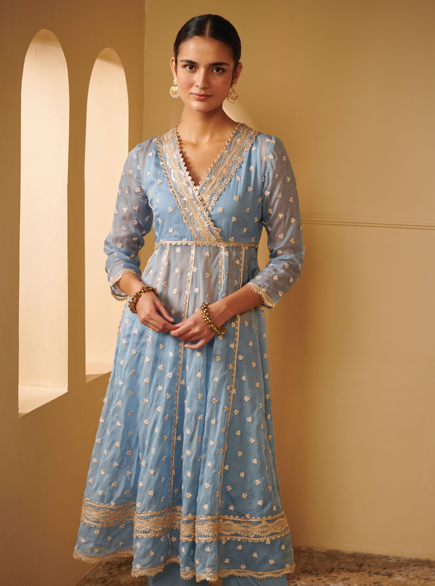 Mulmul Organza Ancita Anarkali Blue Kurta With Mulmul Pima Satin Ancita Blue Pant