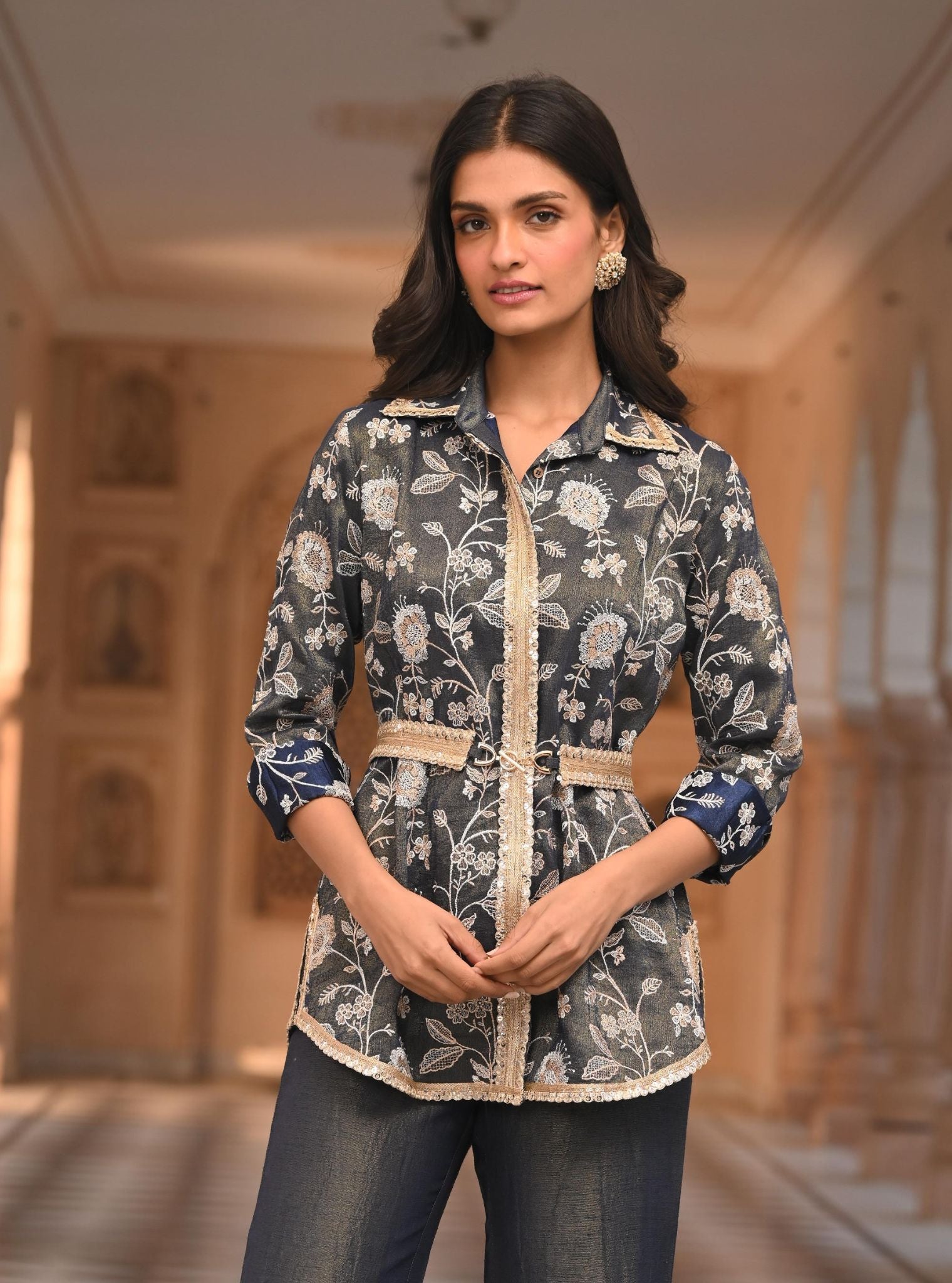 Mulmul Tissue Satin Savera Navy Shirt with Mulmul Luxe Tissue Satin Savera Navy Pant