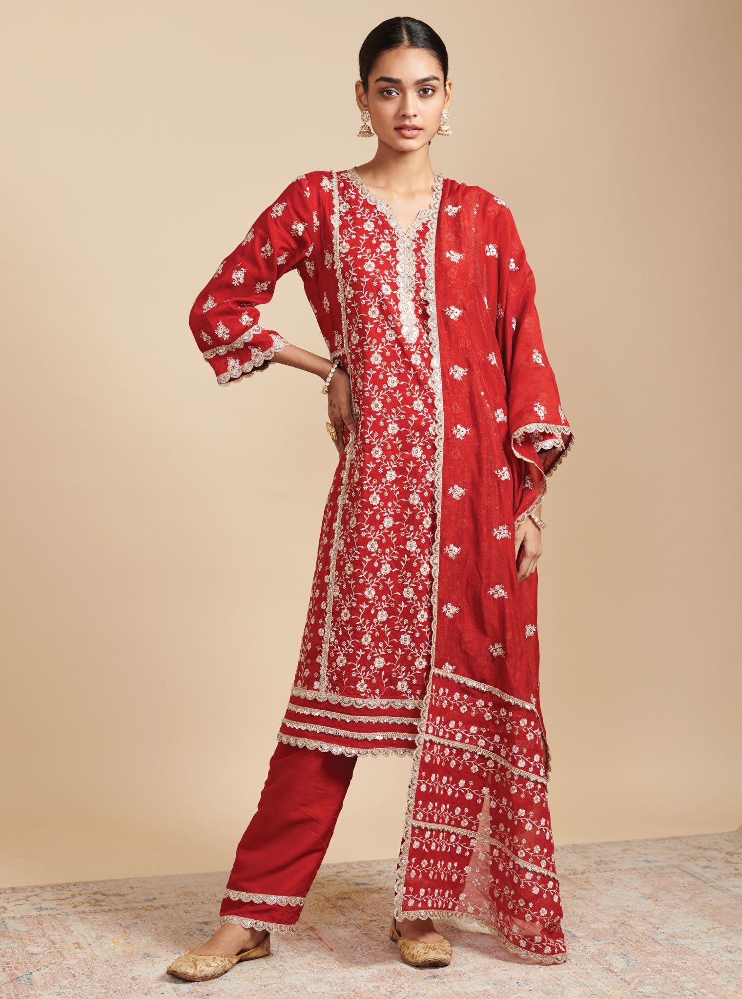 Mulmul Silk Kaashni Red Kurta With Mulmul Silk Kaashni Red Pant