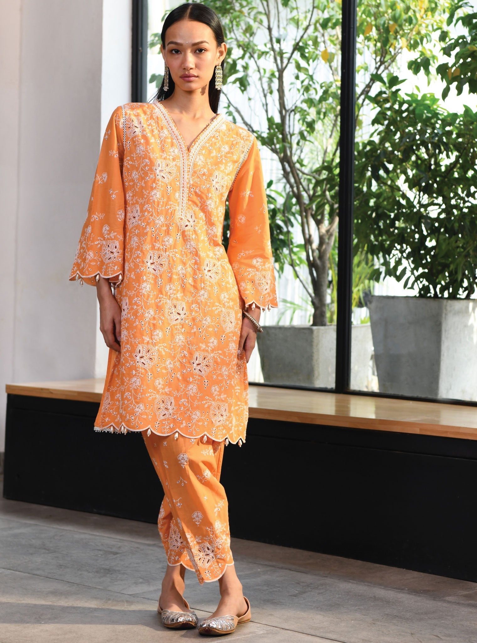 Mulmul Cotton Norwich Orange Kurta With Norwich Orange Salwar Pant