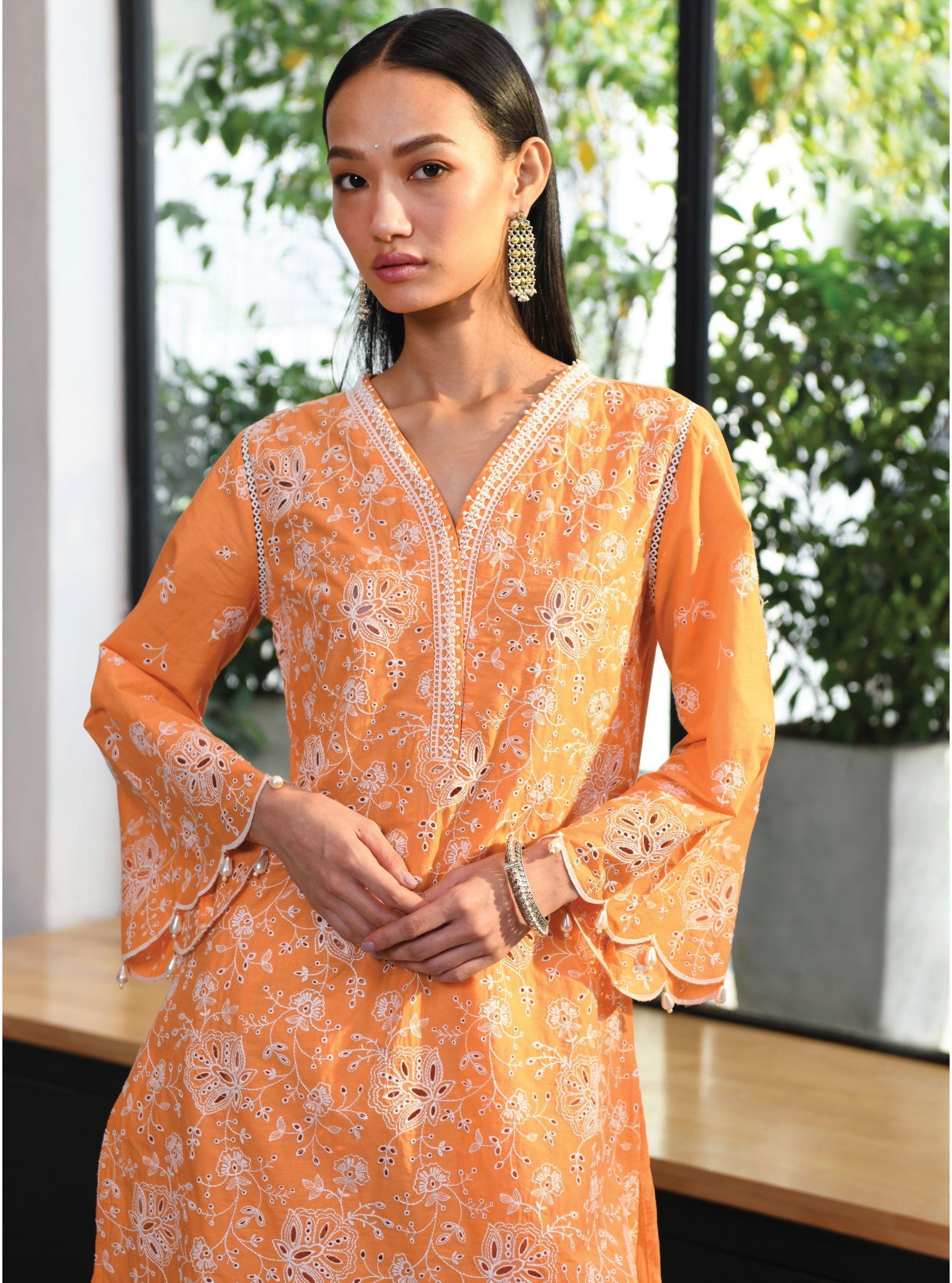 Mulmul Cotton Norwich Orange Kurta With Norwich Orange Salwar Pant