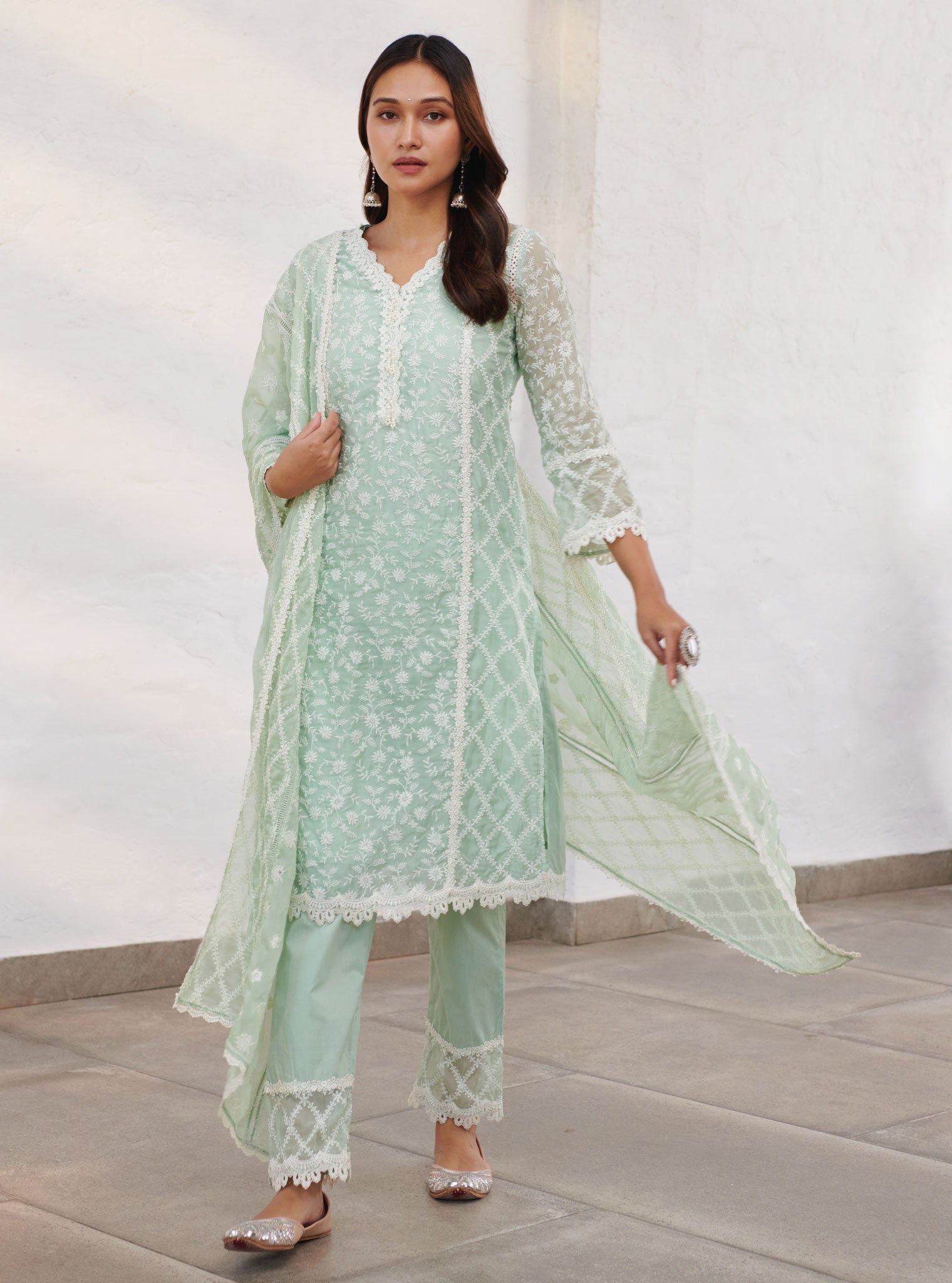 Mulmul Organza Sunderland Green Kurta With Cotton Sunderland Green Pant