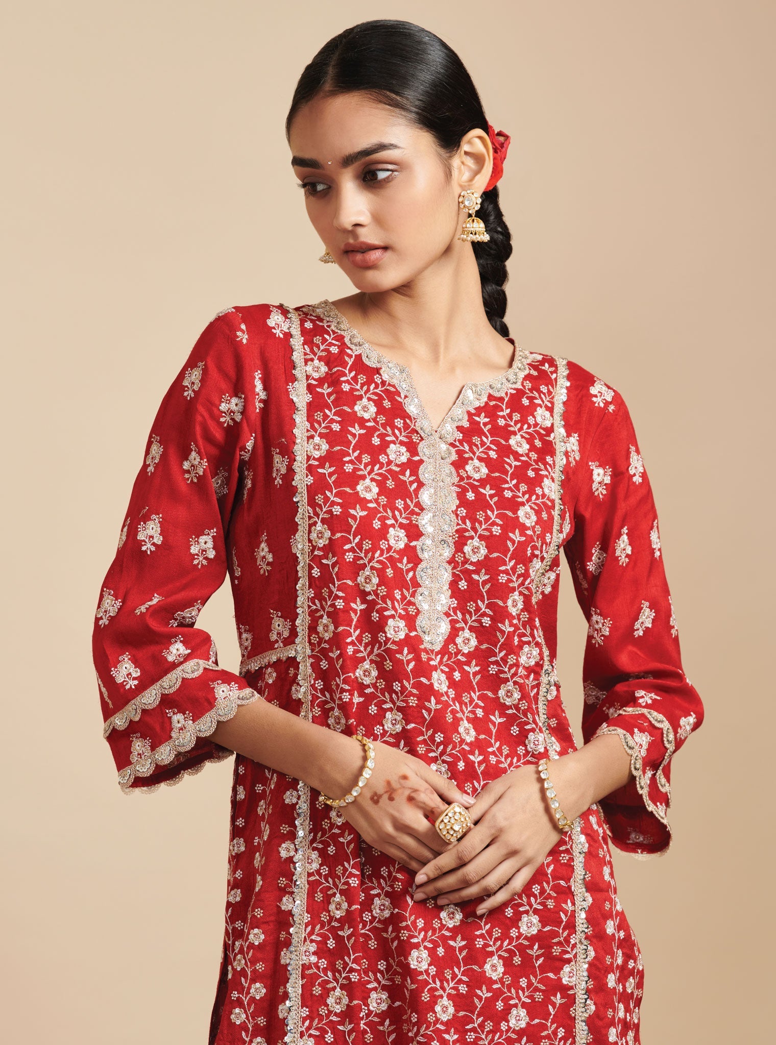 Mulmul Silk Kaashni Red Kurta With Mulmul Silk Kaashni Red Pant