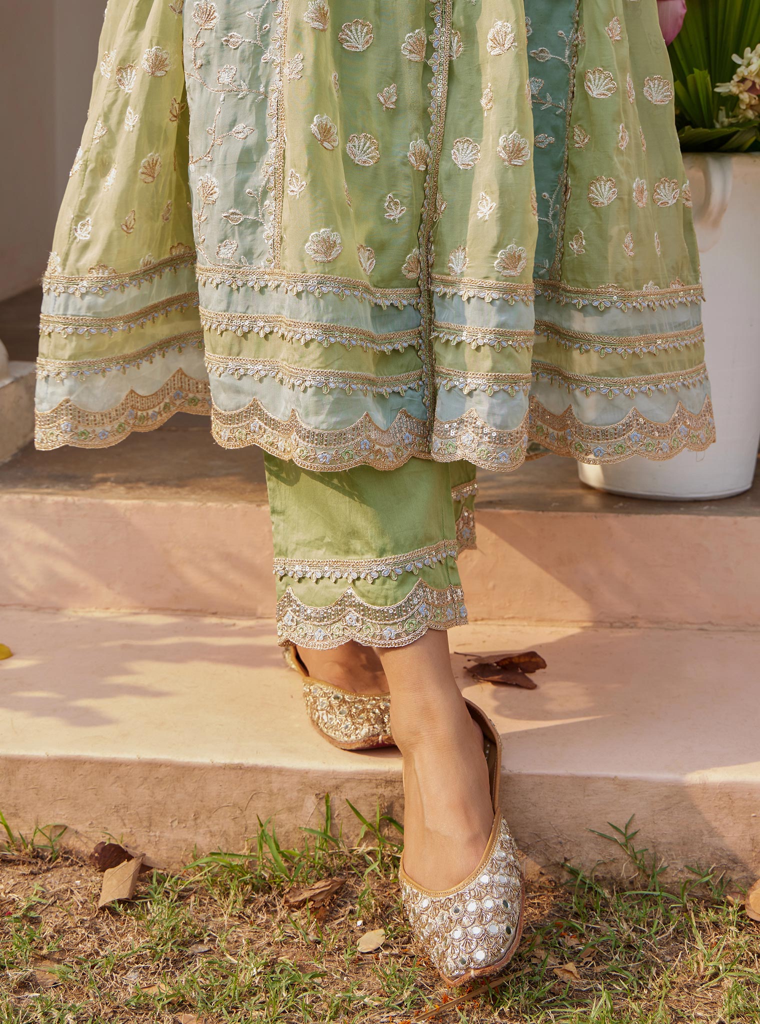 Mulmul Organza Panya Anarkali Green Kurta with Mulmul Pima Panya Green Pant