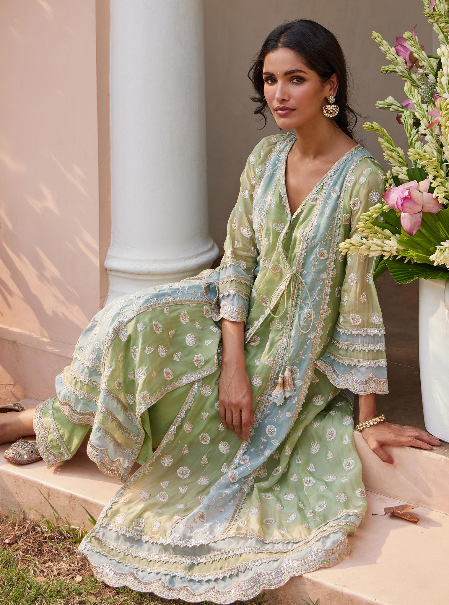 Mulmul Organza Panya Anarkali Green Kurta with Mulmul Pima Panya Green Pant