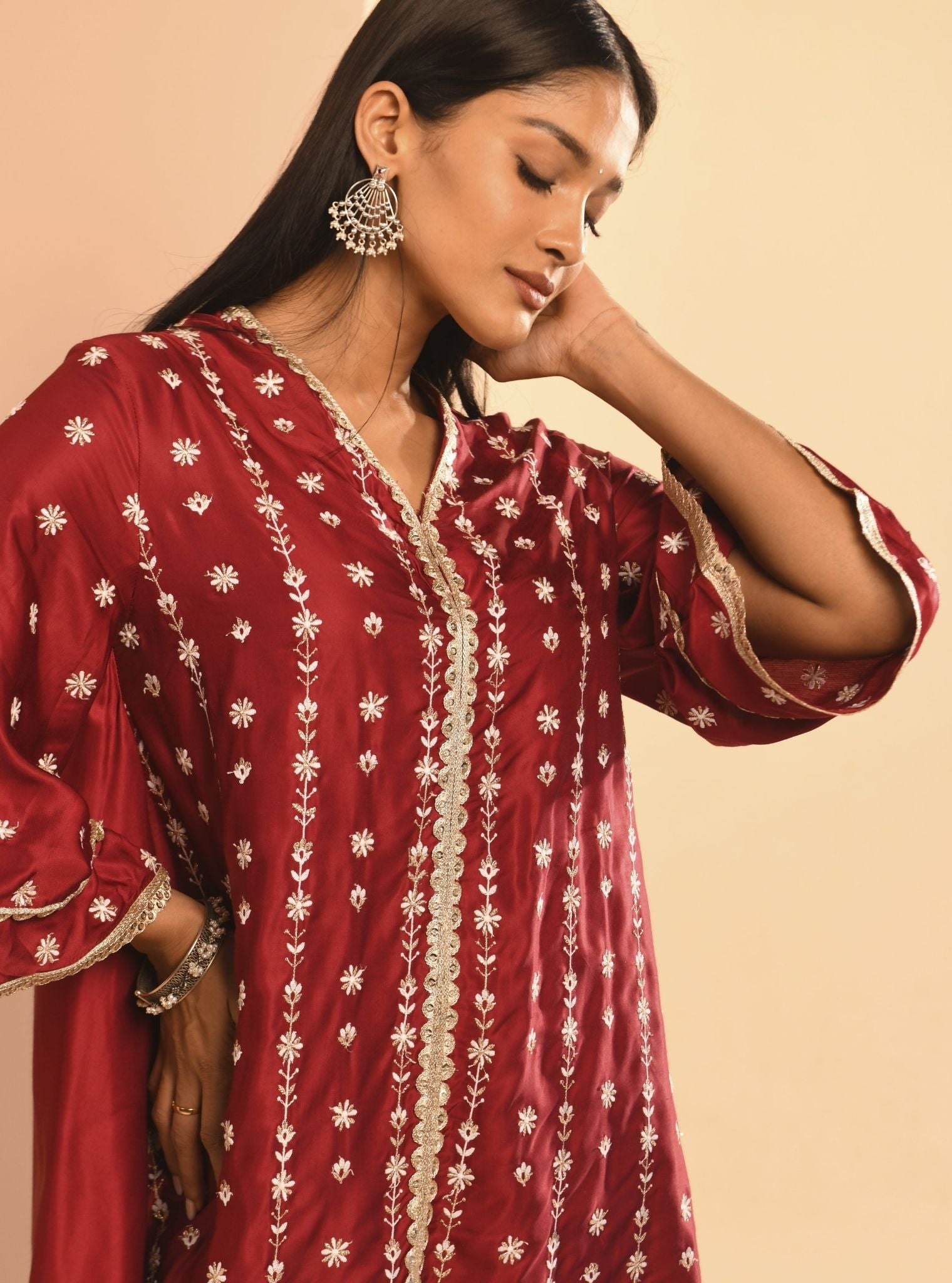 Mulmul Cupro Amara Wine Kurta With Mulmul Cupro Amara Wine Dhoti Pant