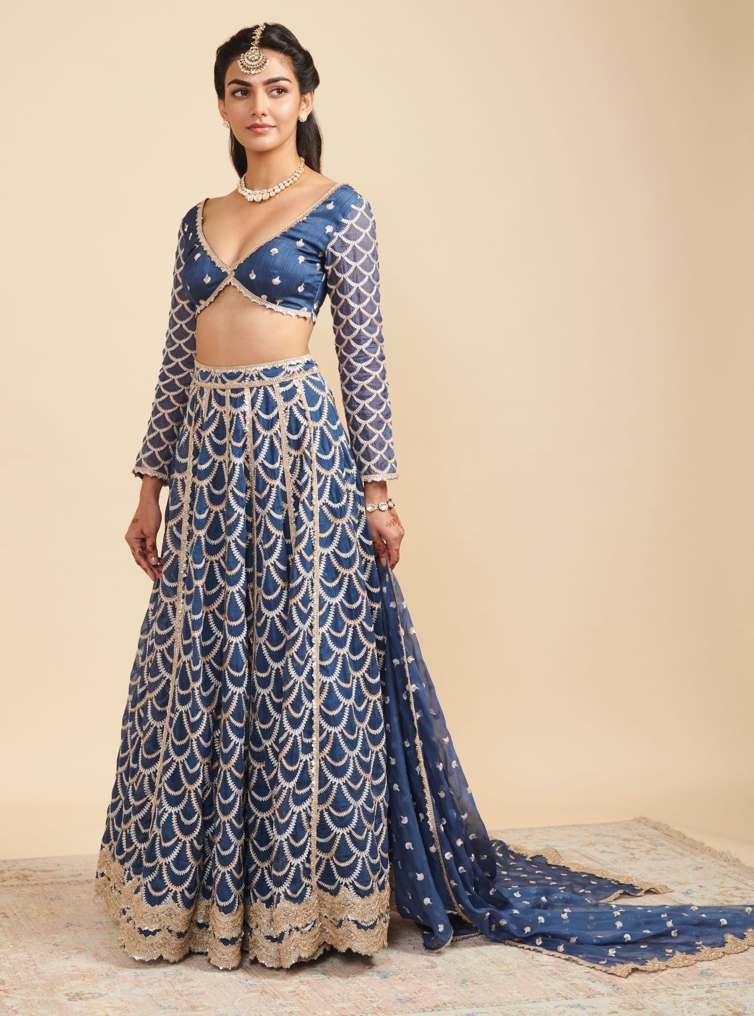 Mulmul Organza Morni Navy Lehenga