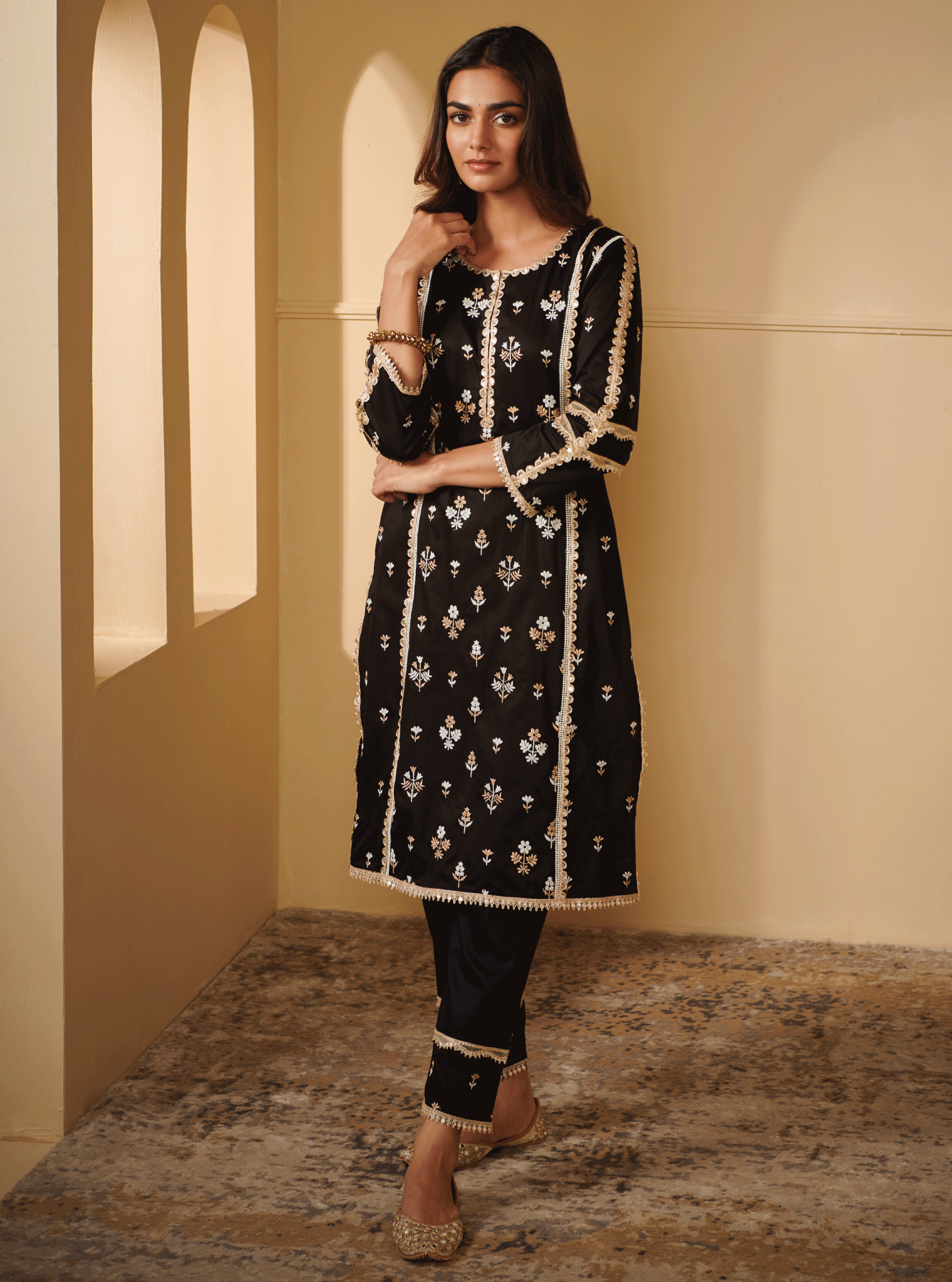 Mulmul Pima Satin Kaveri Black Kurta With Kaveri Black Pant