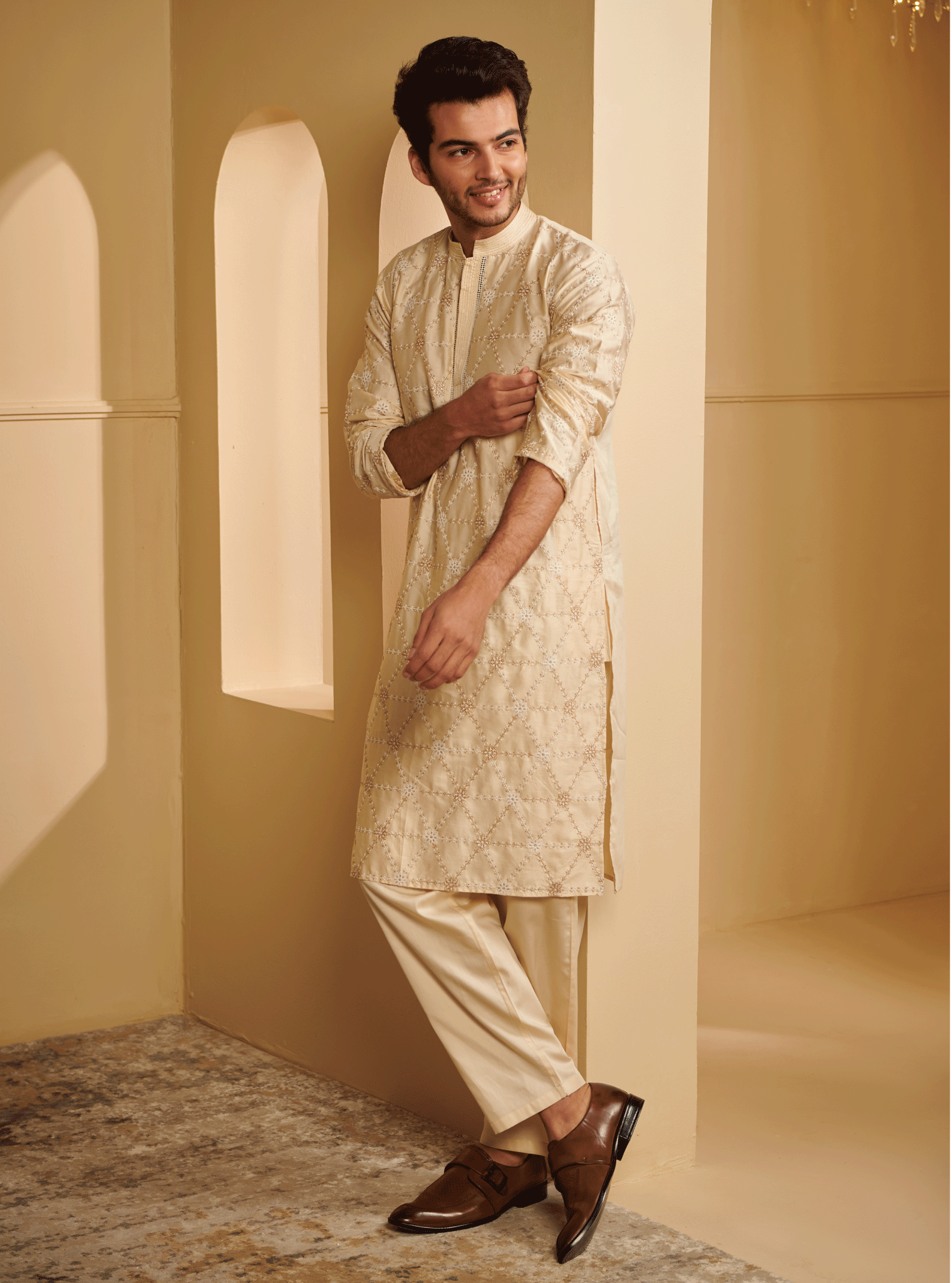 Mulmul Pima Satin Vara Off White Kurta With Vara Off White Pyajama