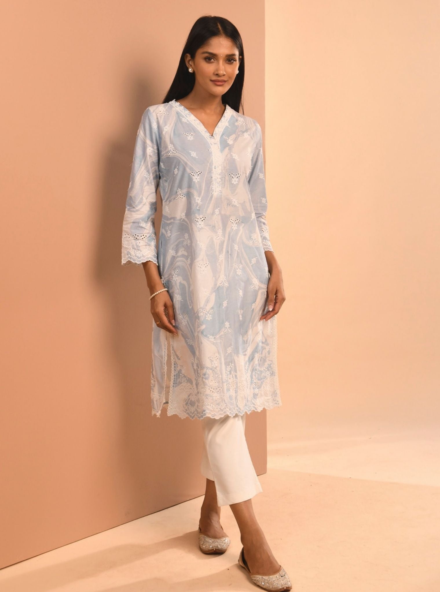 Mulmul Cotton Marble Adela Blue Kurta