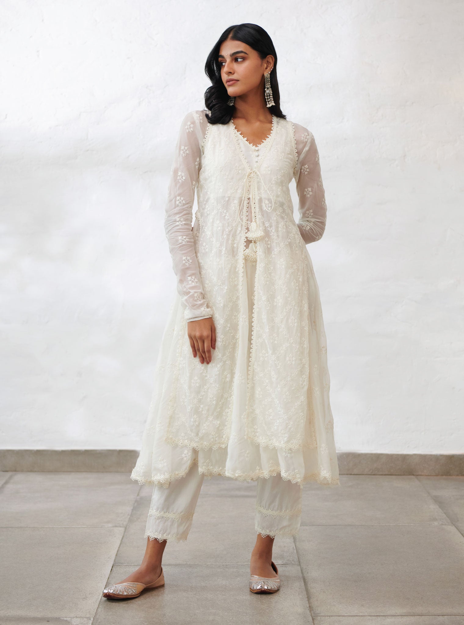 Mulmul Organza Essex Off White Anarkali Kurta with Organza Jacket With Cotton Essex Off White Pant