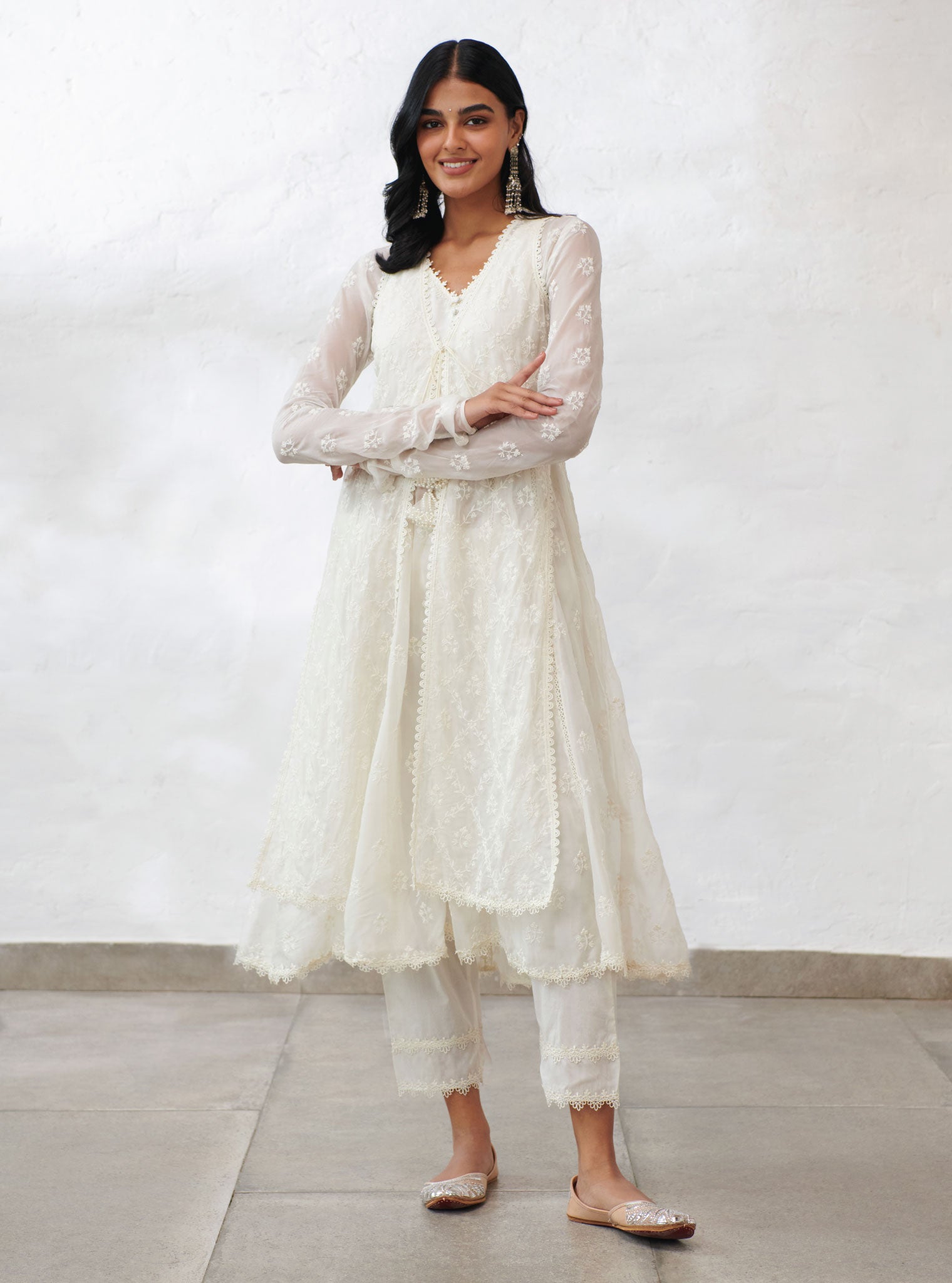 Mulmul Organza Essex Off White Anarkali Kurta with Organza Jacket With Cotton Essex Off White Pant