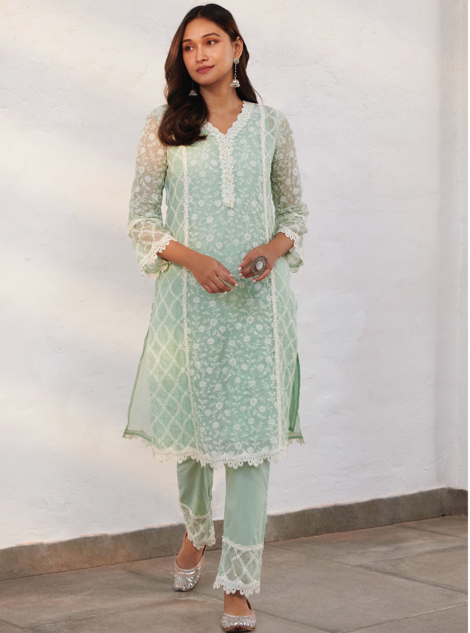 Mulmul Organza Sunderland Green Kurta With Cotton Sunderland Green Pant