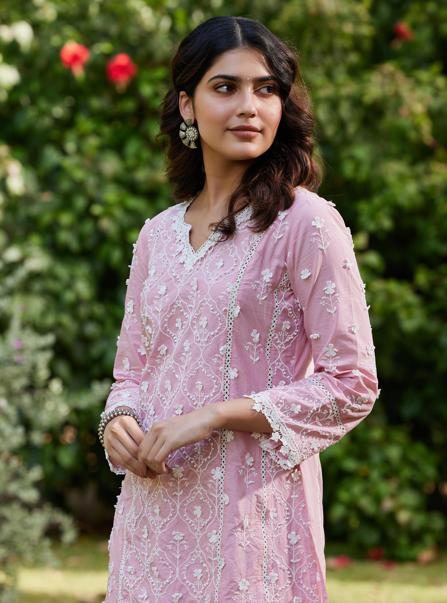 Mulmul Cotton Kainat Pink Kurta with Mulmul Cotton Naksh White Pant