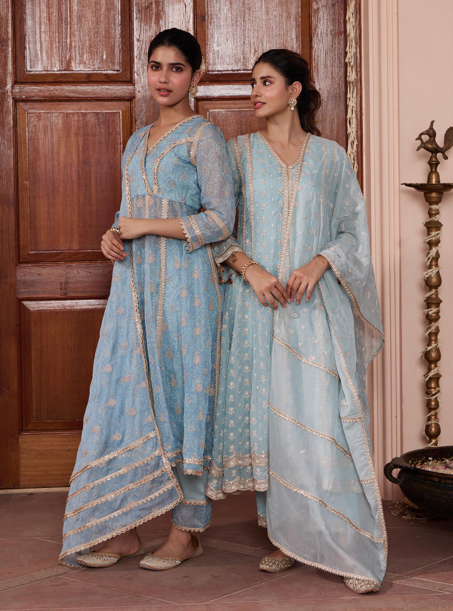 Mulmul Organza Vamsi Anarkali Blue Kurta with Mulmul Pima Vamsi Blue Pant