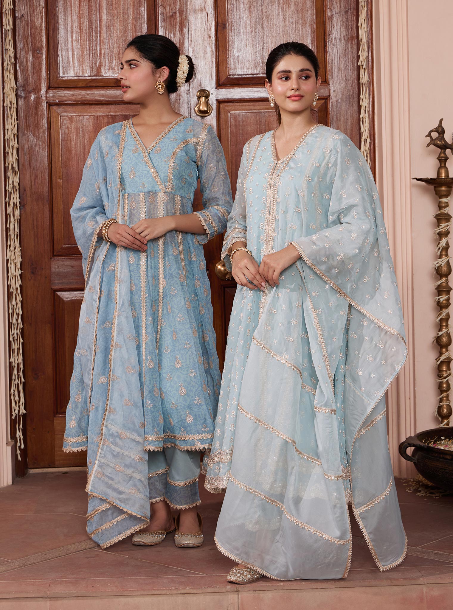 Mulmul Organza Vamsi Anarkali Blue Kurta with Mulmul Pima Vamsi Blue Pant