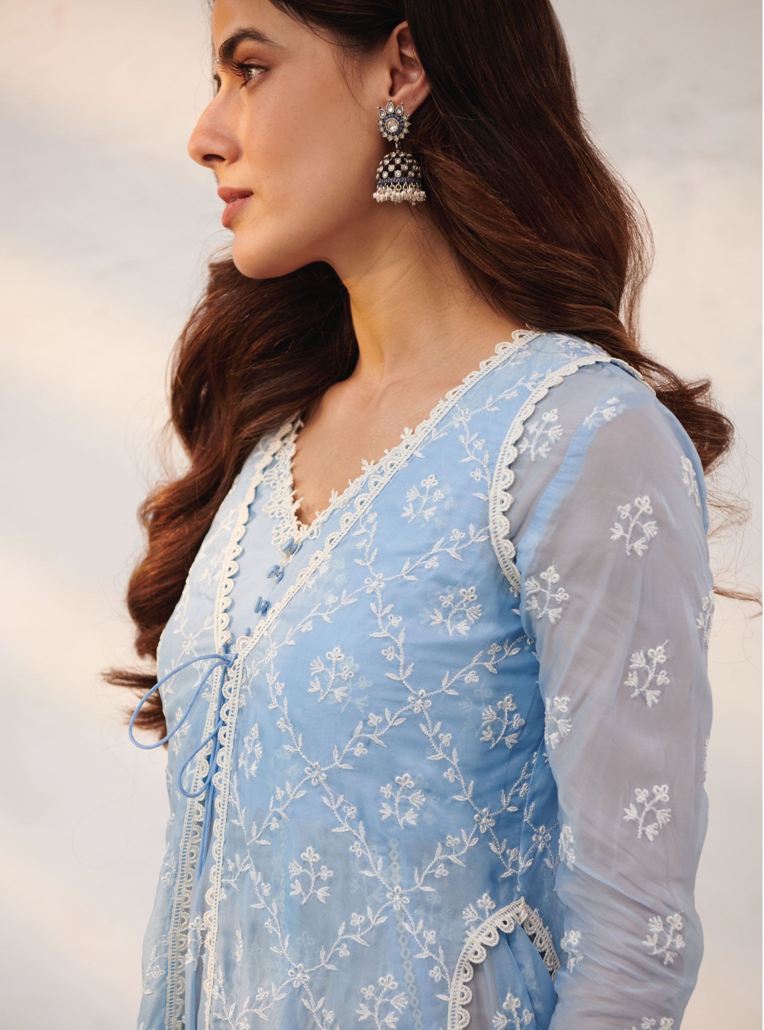 Mulmul Organza Essex Blue Anarkali Kurta with Organza Jacket With Cotton Essex Blue Pant