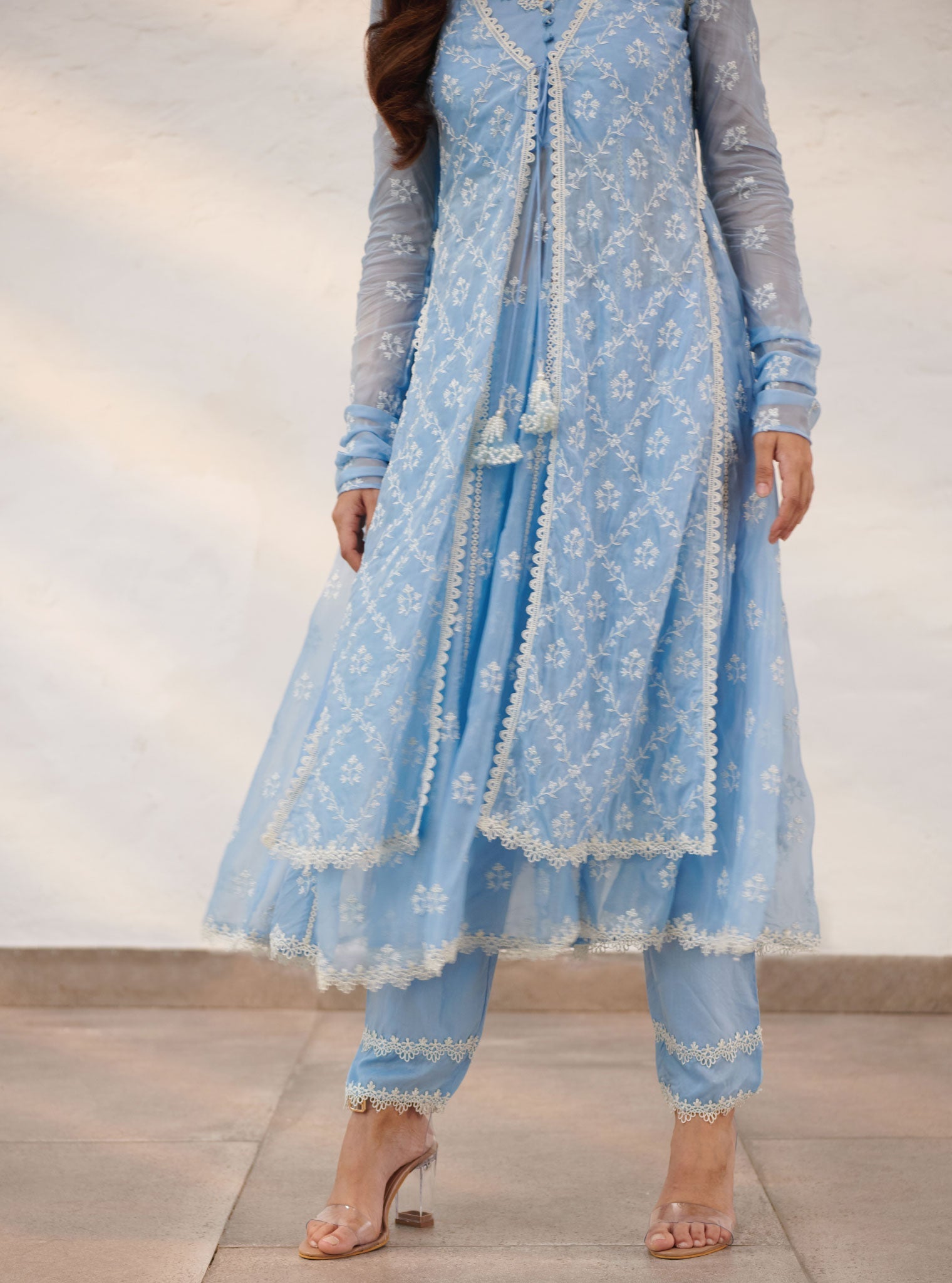 Mulmul Organza Essex Blue Anarkali Kurta with Organza Jacket With Cotton Essex Blue Pant