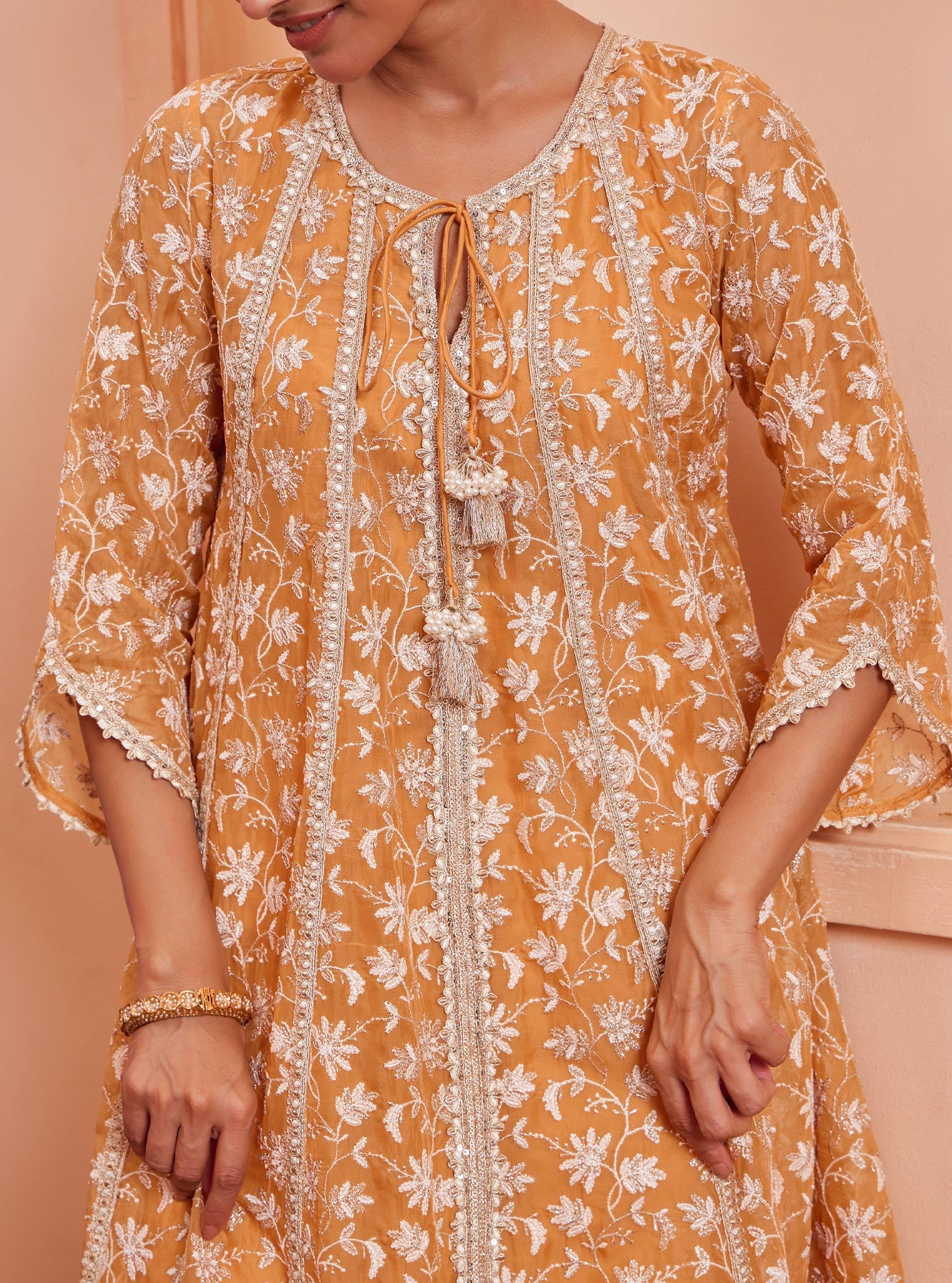 Mulmul Organza Jivya Anarkali Orange Kurta with Mulmul Pima Jivya Orange Pant