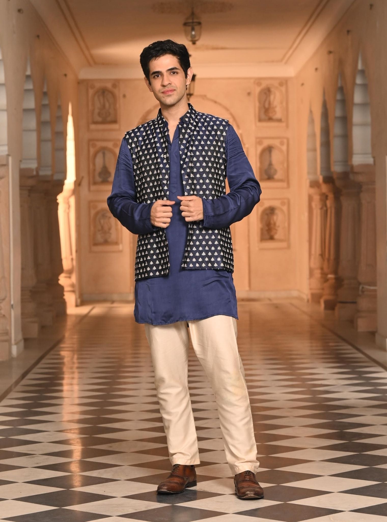 Mulmul Organza Satin Shyam with jacket Navy Men Kurta with Mulmul Pima Satin Shava Off White Pyajama