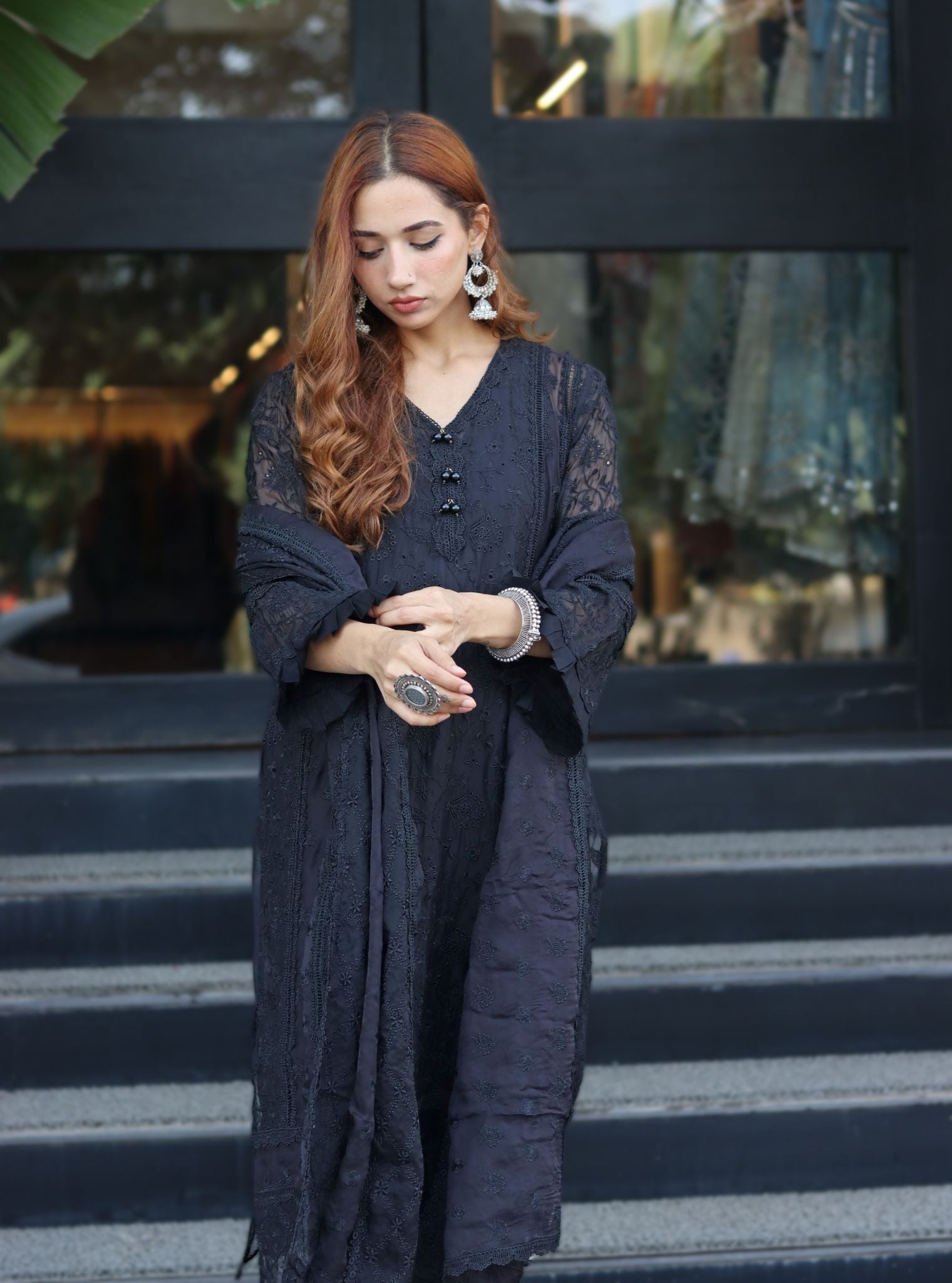 Mulmul Organza Dorset Black Kurta With Cotton Dorset Black Pant