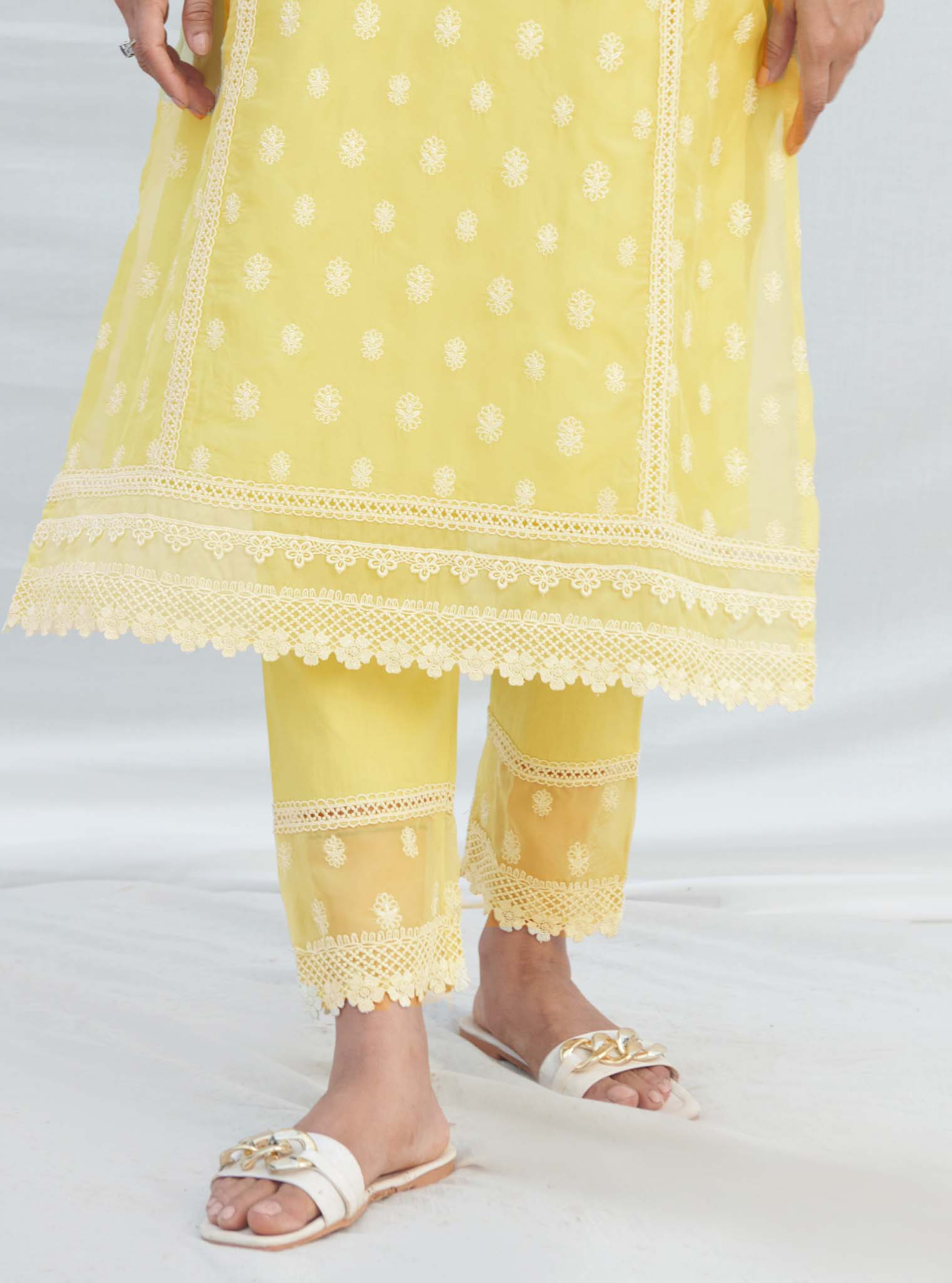 Mulmul Organza Jankia Yellow Kurta With Mulmul Cotton Jankia Yellow pant