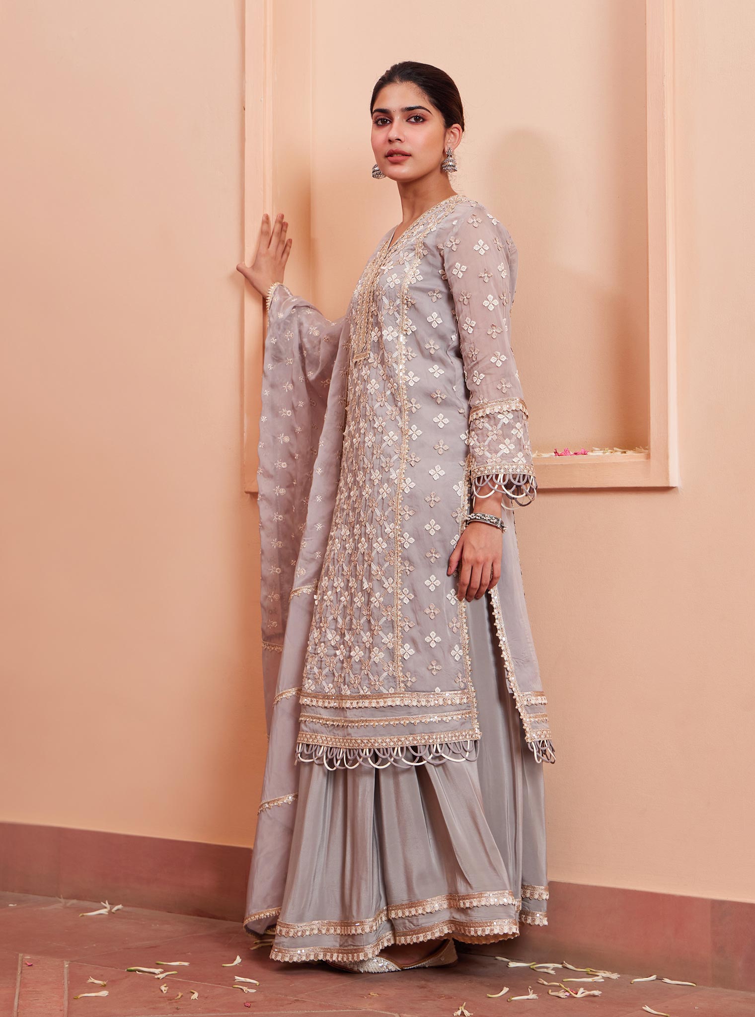 Mulmul Organza Citra Grey Kurta with Mulmul Crepe Citra Grey Skirt