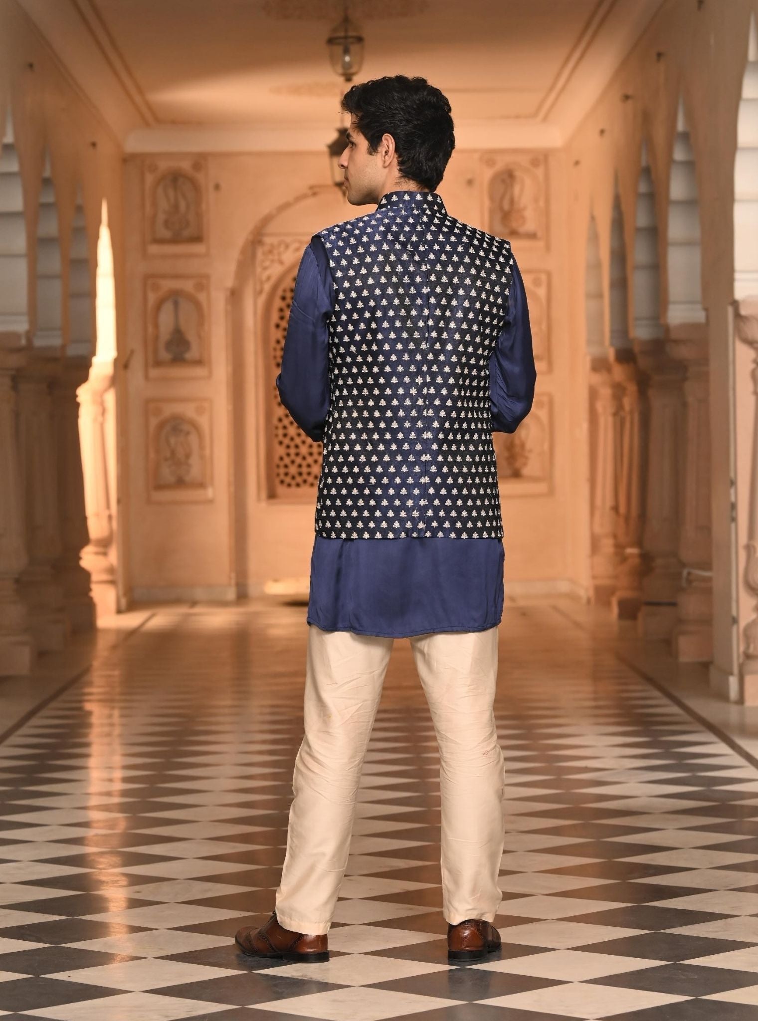 Mulmul Organza Satin Shyam with jacket Navy Men Kurta with Mulmul Pima Satin Shava Off White Pyajama