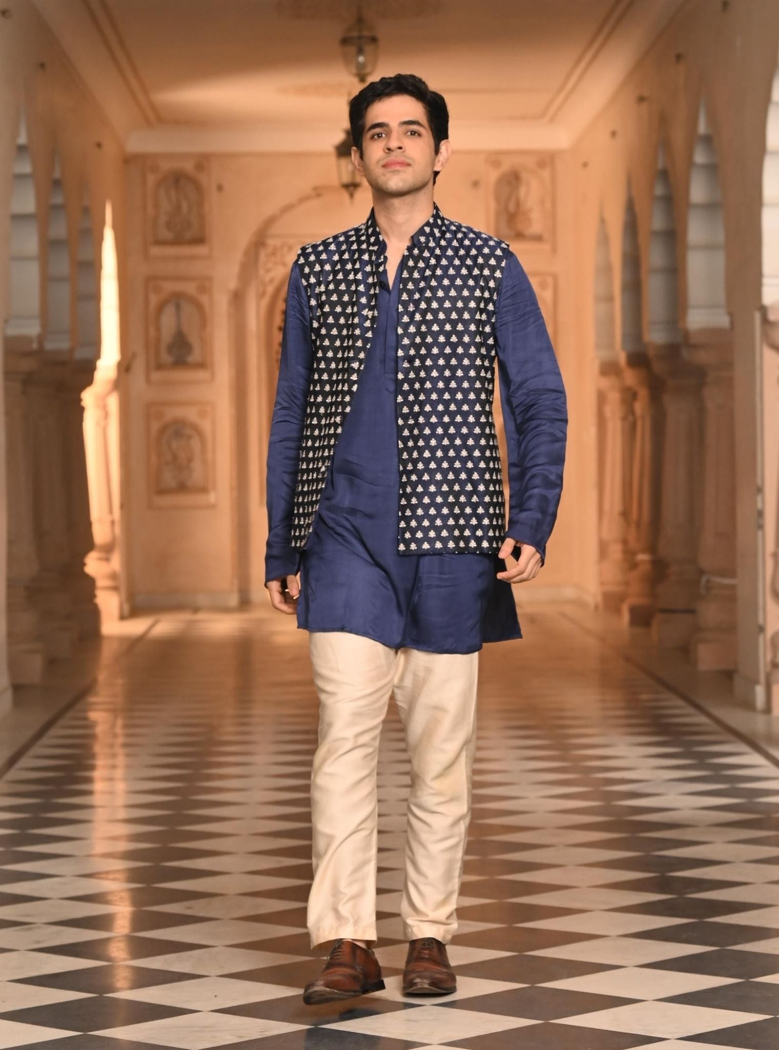 Mulmul Organza Satin Shyam with jacket Navy Men Kurta with Mulmul Pima Satin Shava Off White Pyajama