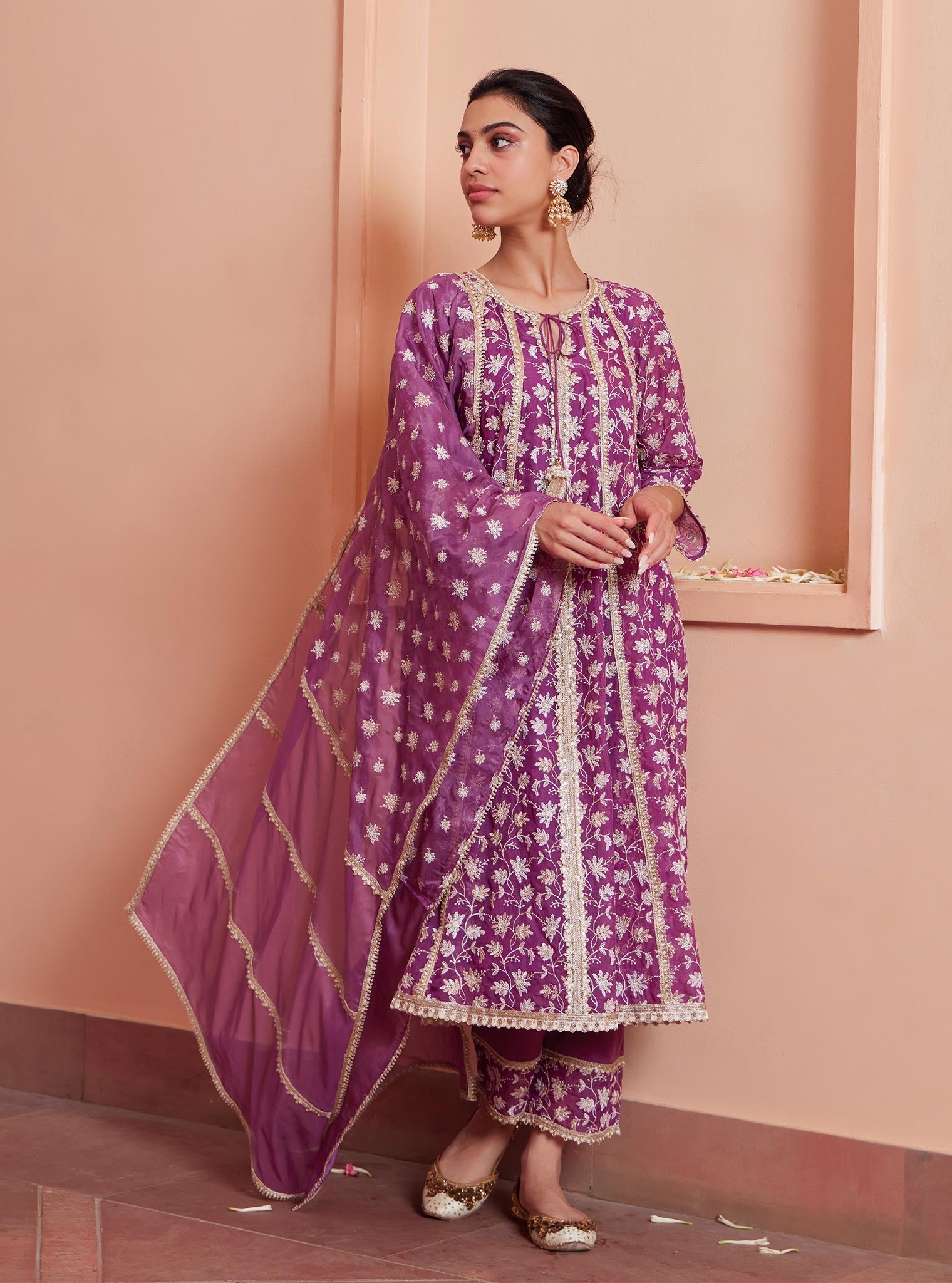 Mulmul Organza Jivya Anarkali Lilac Kurta with Mulmul Pima Jivya Lilac Pant