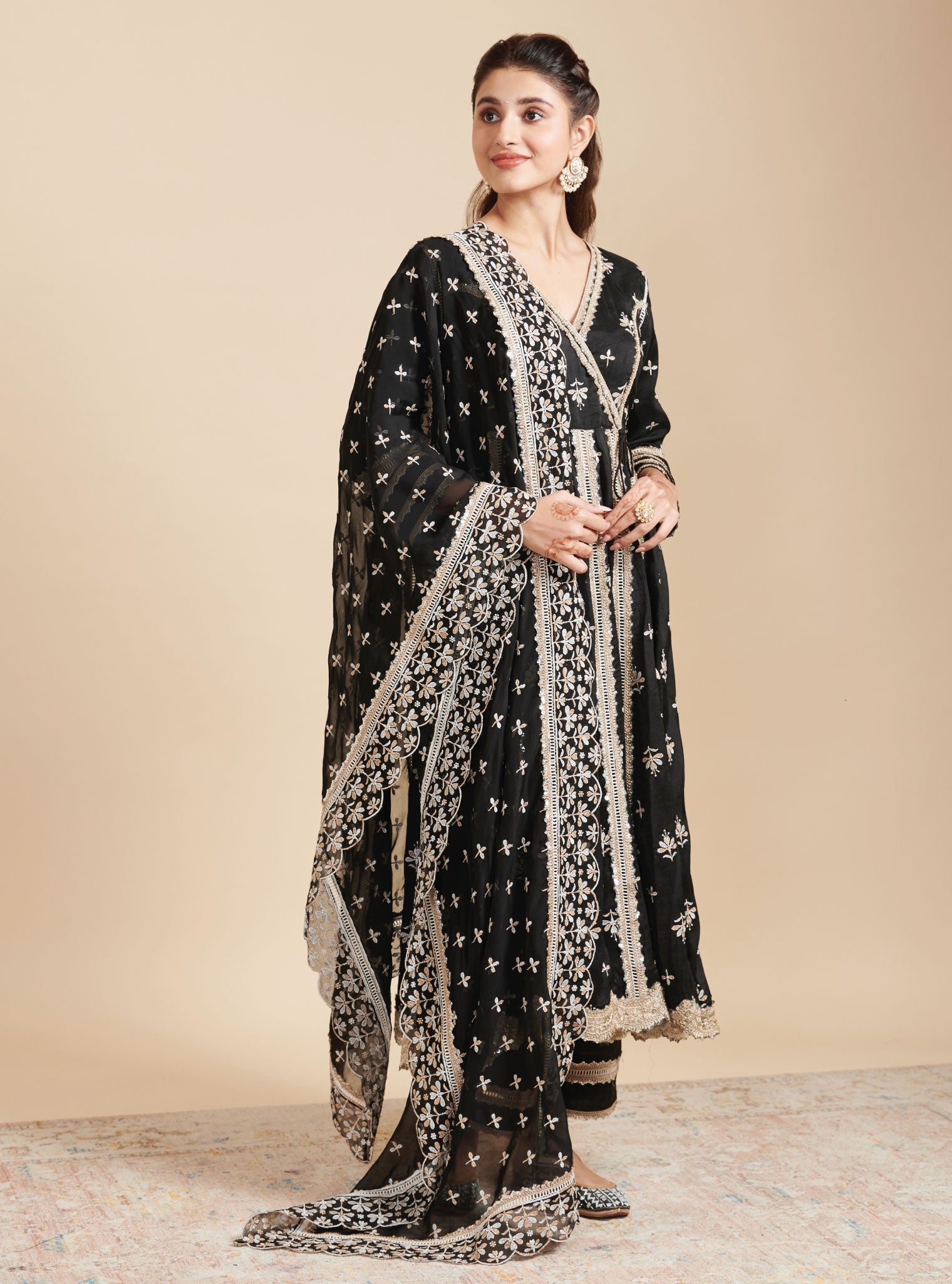 Mulmul Silk Khanak Anarkali Black Kurta With Mulmul Silk Khanak Black Pant