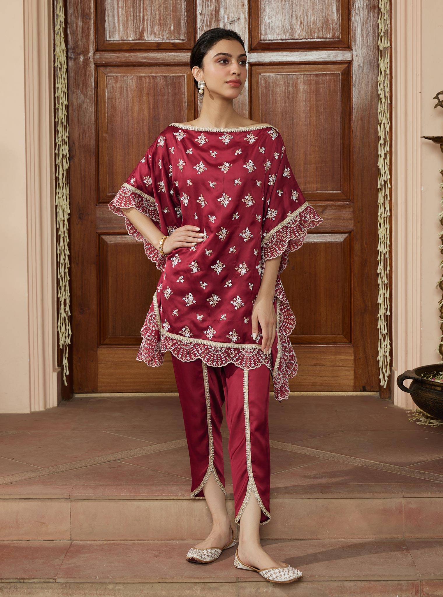 Mulmul Cupro Kasuni Wine Kaftan with Mulmul Cupro Kasuni Dhoti Wine Pant