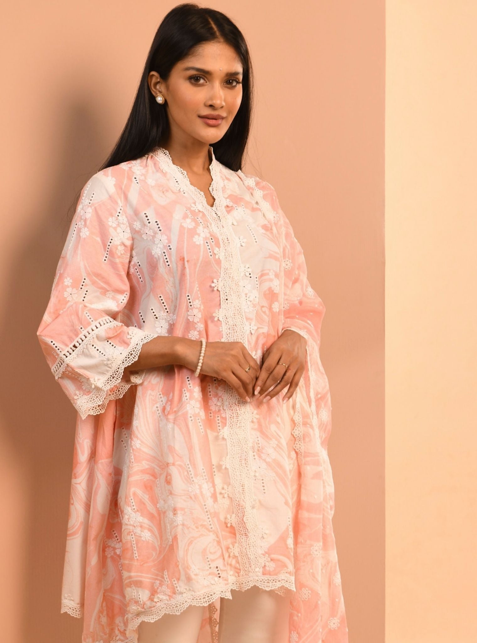 Mulmul Cotton Marble Wyn Pink Kurta