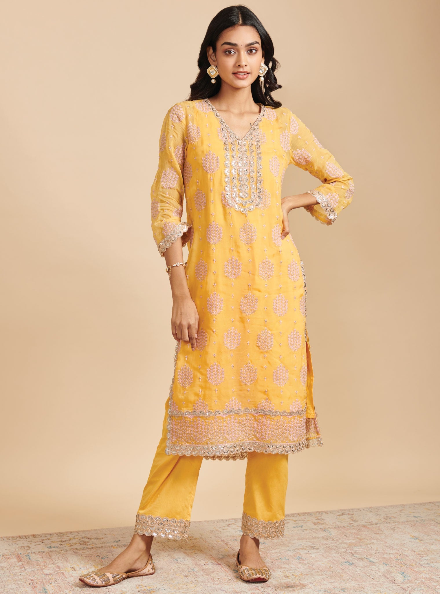 Mulmul Organza Shagna Yellow Kurta With Mulmul Pima Shagna Yellow Pant