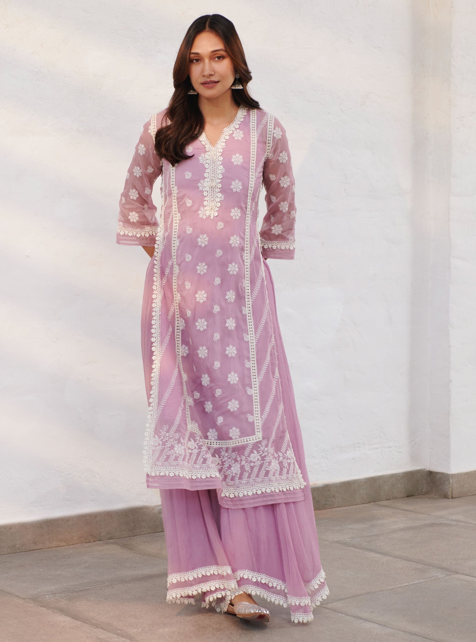 Mulmul Organza Armagh Lilac Kurta With Chiffon Armagh Lilac Sharara