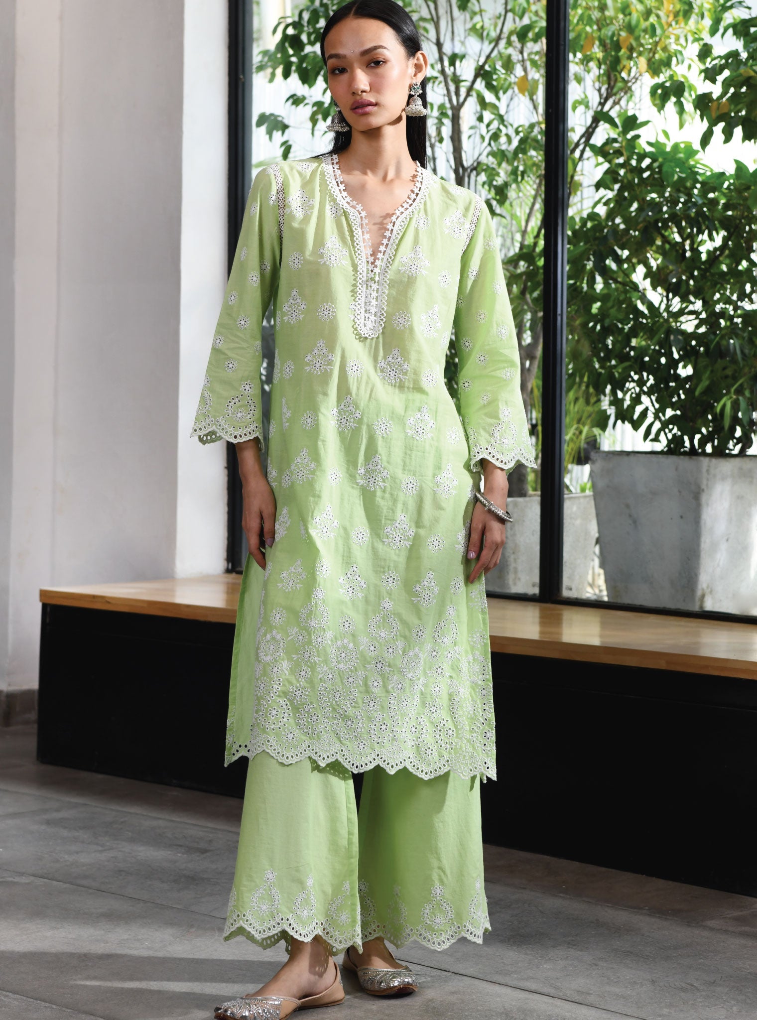 Mulmul Cotton Ripon Green Kurta With Ripon Green Pant