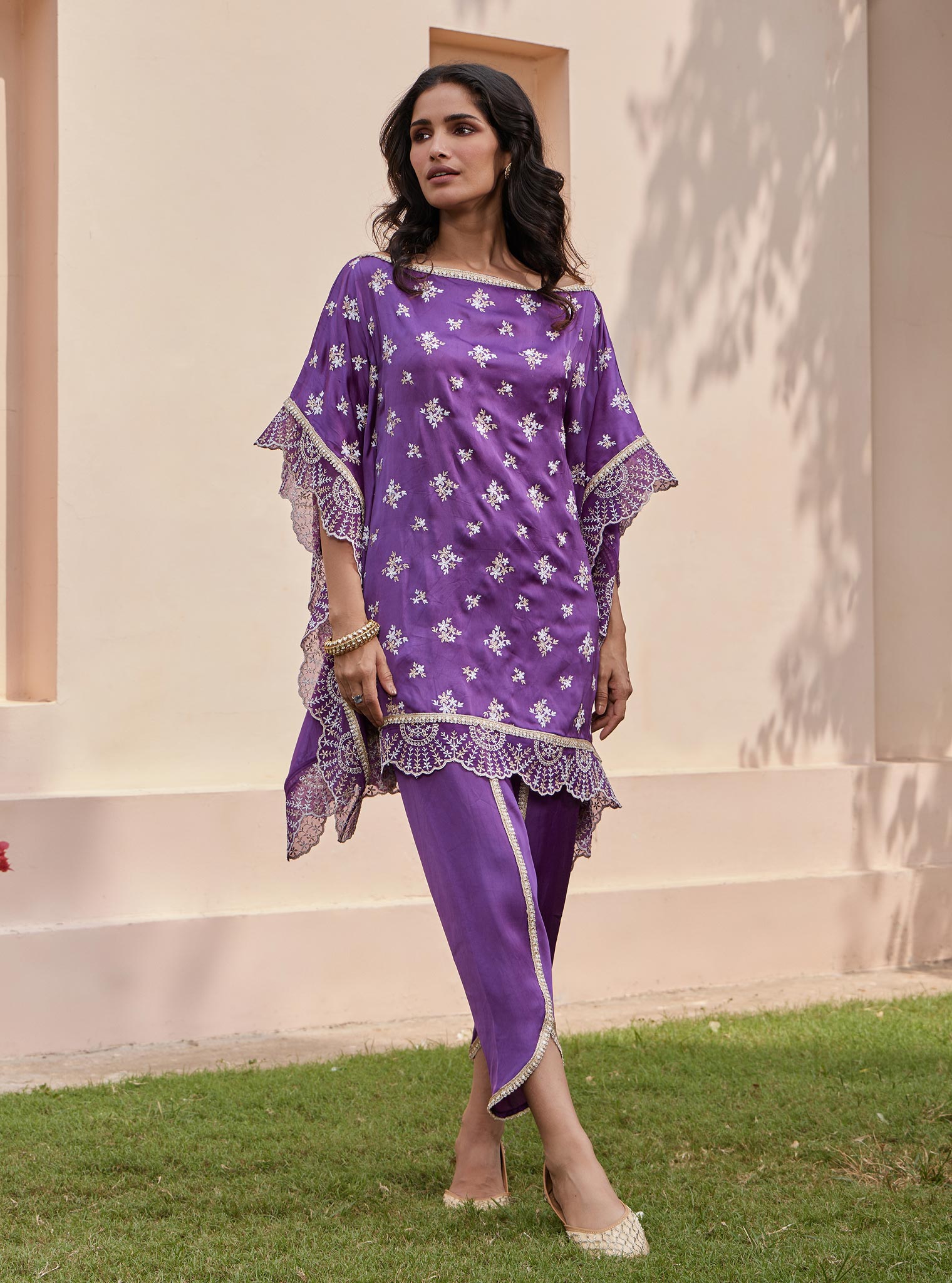 Mulmul Cupro Kasuni Purple Kaftan with Mulmul Cupro Kasuni Dhoti Purple Pant